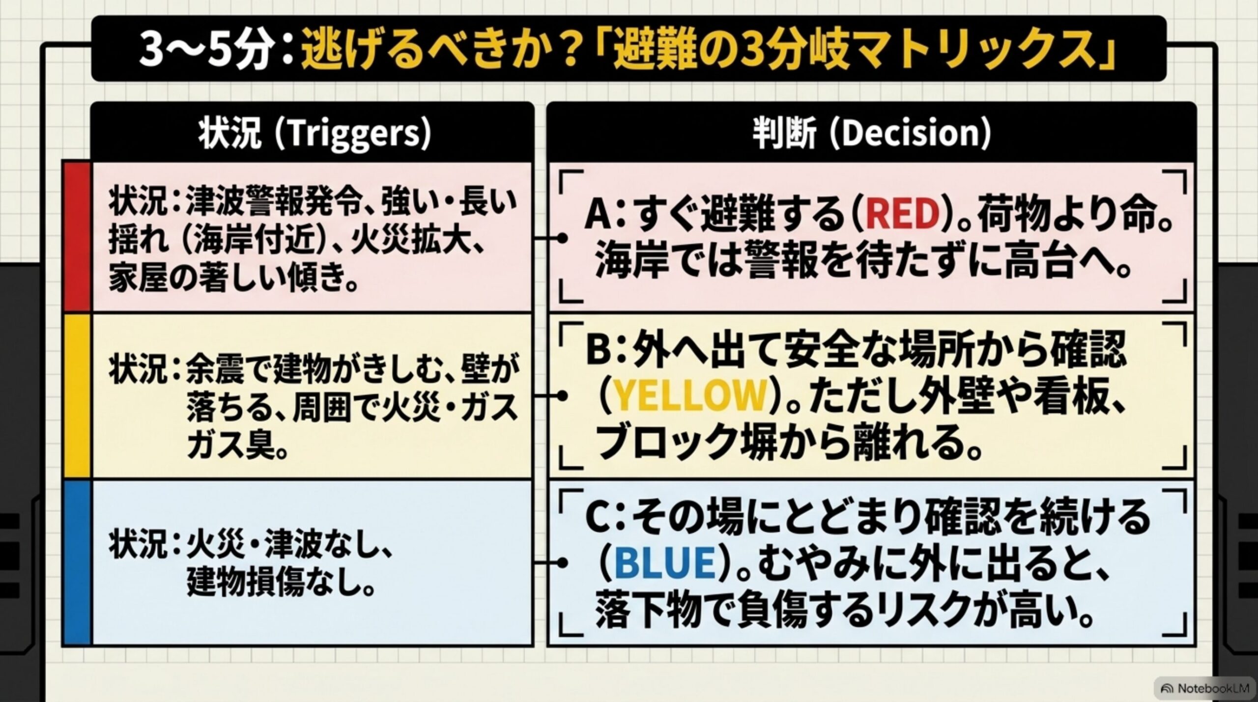 3〜5分：逃げるべきか？「避難の3分岐マトリックス」という見出しと、状況(Triggers)と判断(Decision)を対応させる表。状況：津波警報発令・強い長い揺れ(海岸付近)・火災拡大・家屋の著しい傾き→判断A：すぐ避難する(RED)、荷物より命、海岸では警報を待たずに高台へ。状況：余震で建物がきしむ・壁が落ちる・周囲で火災ガスガス臭→判断B：外へ出て安全な場所から確認(YELLOW)、ただし外壁や看板ブロック塀から離れる。状況：火災津波なし建物損傷なし→判断C：その場にとどまり確認を続ける(BLUE)、むやみに外に出ると落下物で負傷するリスクが高い、という3分岐の図解