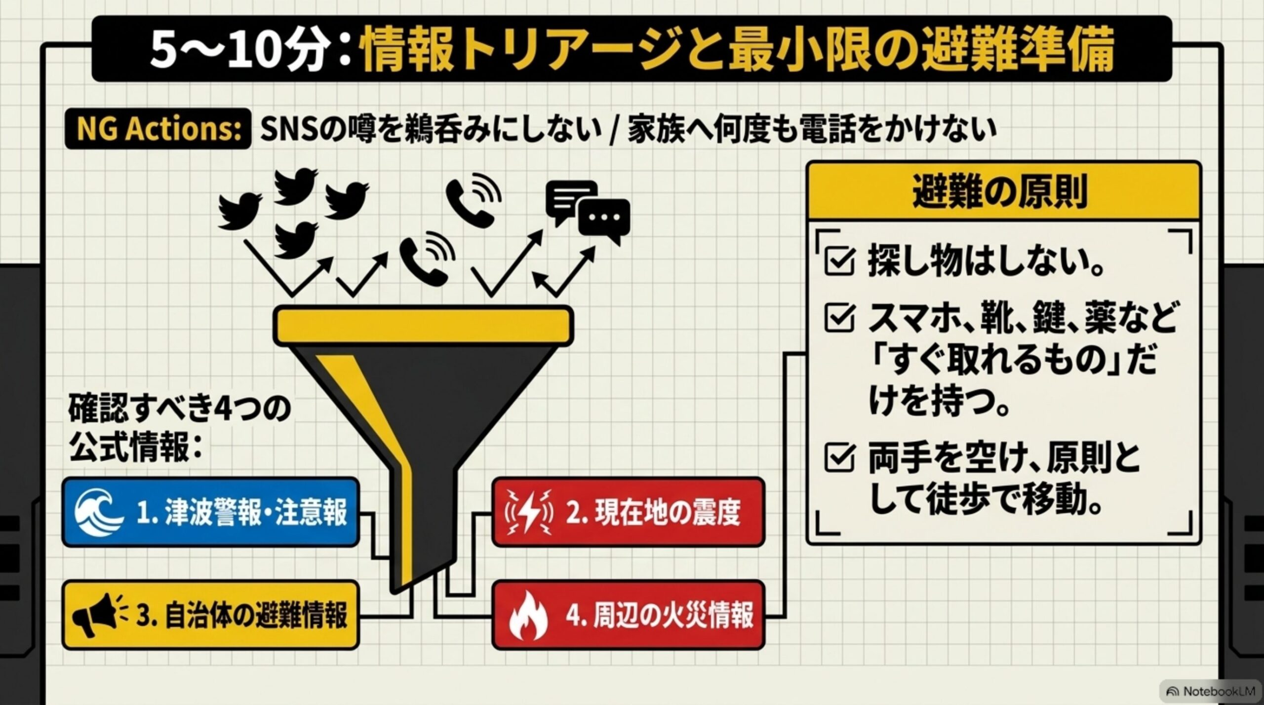 5〜10分：情報トリアージと最小限の避難準備という見出しと、NG ActionsとしてSNSの噂を鵜呑みにしない・家族へ何度も電話をかけないという注意書き、多数のSNS投稿や電話のアイコンが漏斗（トリアージ）に集約され、確認すべき4つの公式情報(1.津波警報・注意報、2.現在地の震度、3.自治体の避難情報、4.周辺の火災情報)へ絞り込まれる図解、避難の原則として探し物はしない・スマホ靴鍵薬などすぐ取れるものだけを持つ・両手を空け原則として徒歩で移動という3項目