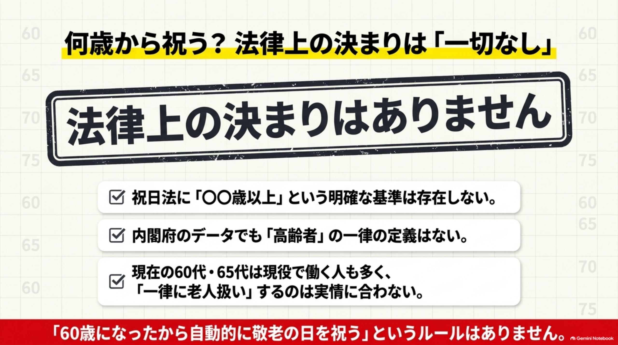 何歳から祝う？法律上の決まりは一切なし。祝日法に◯◯歳以上という明確な基準は存在しない、内閣府のデータでも高齢者の一律の定義はない、現在の60代65代は現役で働く人も多い
