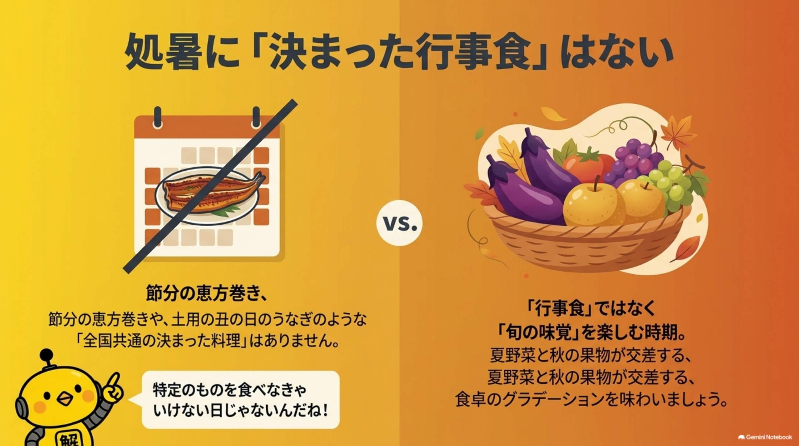 処暑に決まった行事食はない。節分の恵方巻きや土用の丑の日のうなぎのような全国共通の決まった料理はない。行事食ではなく旬の味覚を楽しむ時期。夏野菜と秋の果物が交差する食卓のグラデーションを味わいましょう