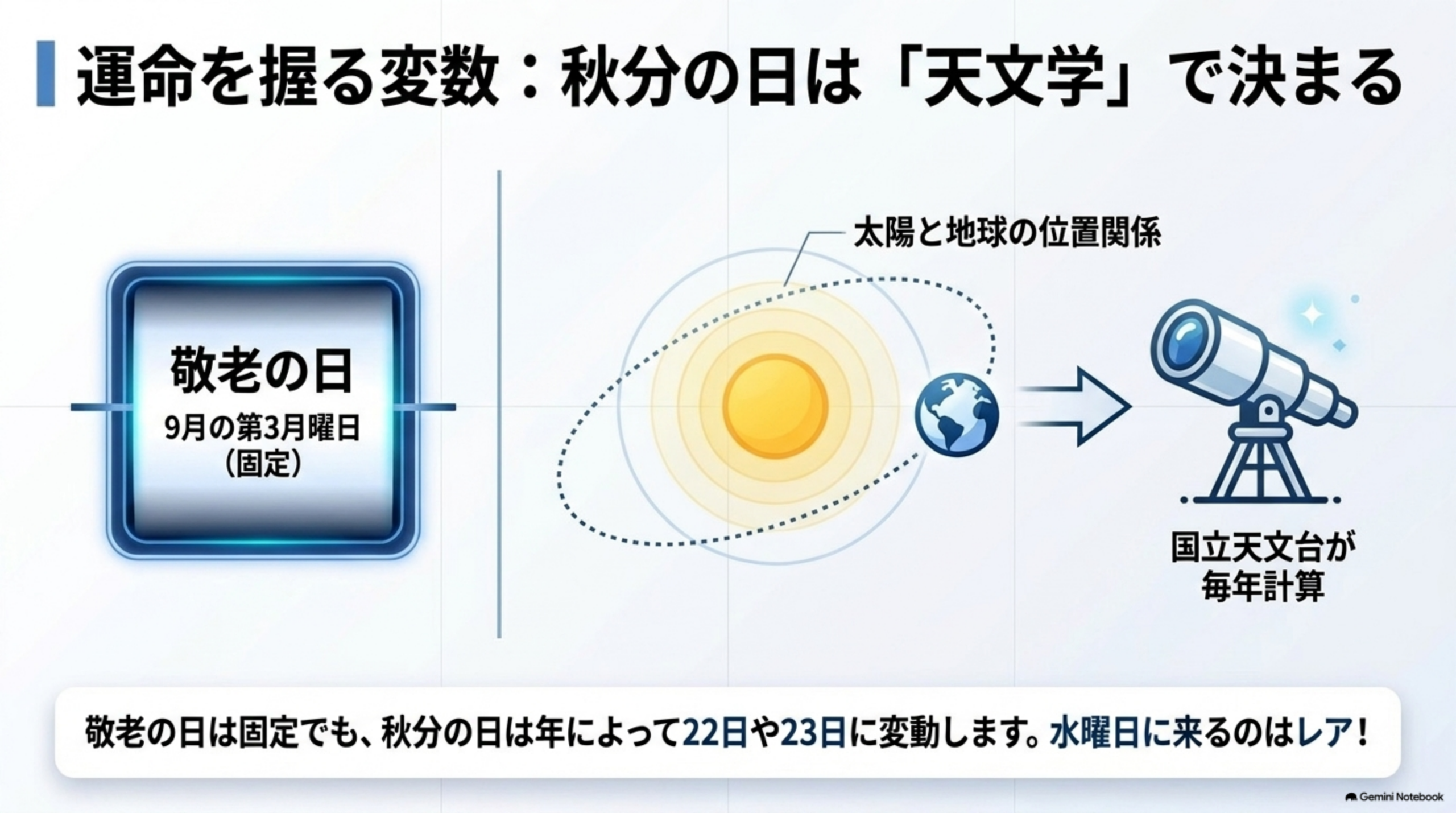 運命を握る変数、秋分の日は天文学で決まる。敬老の日は9月の第3月曜日で固定、秋分の日は太陽と地球の位置関係で国立天文台が毎年計算