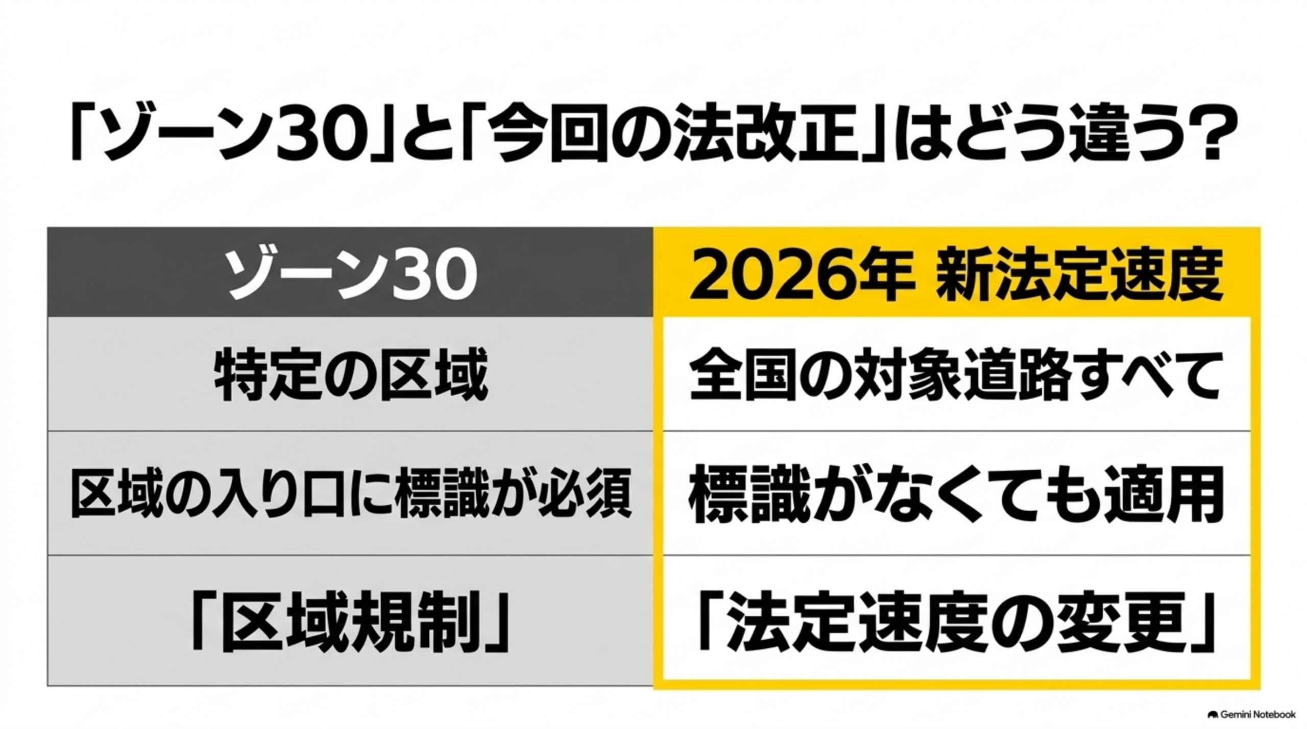 ゾーン30と2026年新法定速度の違い：区域規制と全国の対象道路すべての法定速度変更