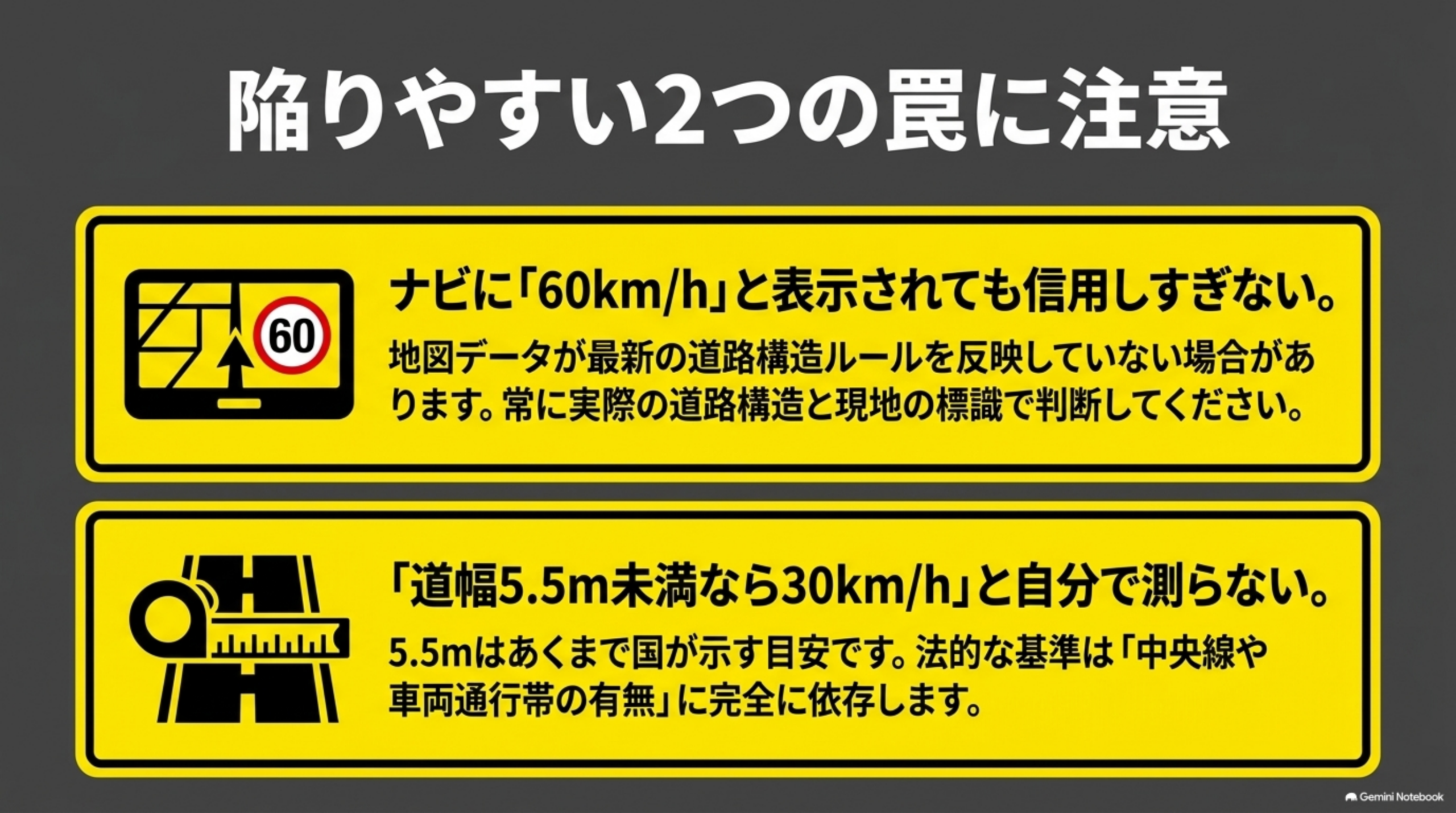 陥りやすい2つの罠：ナビの60km/h表示を過信しない／道幅5.5m未満なら30km/hと自分で測らない