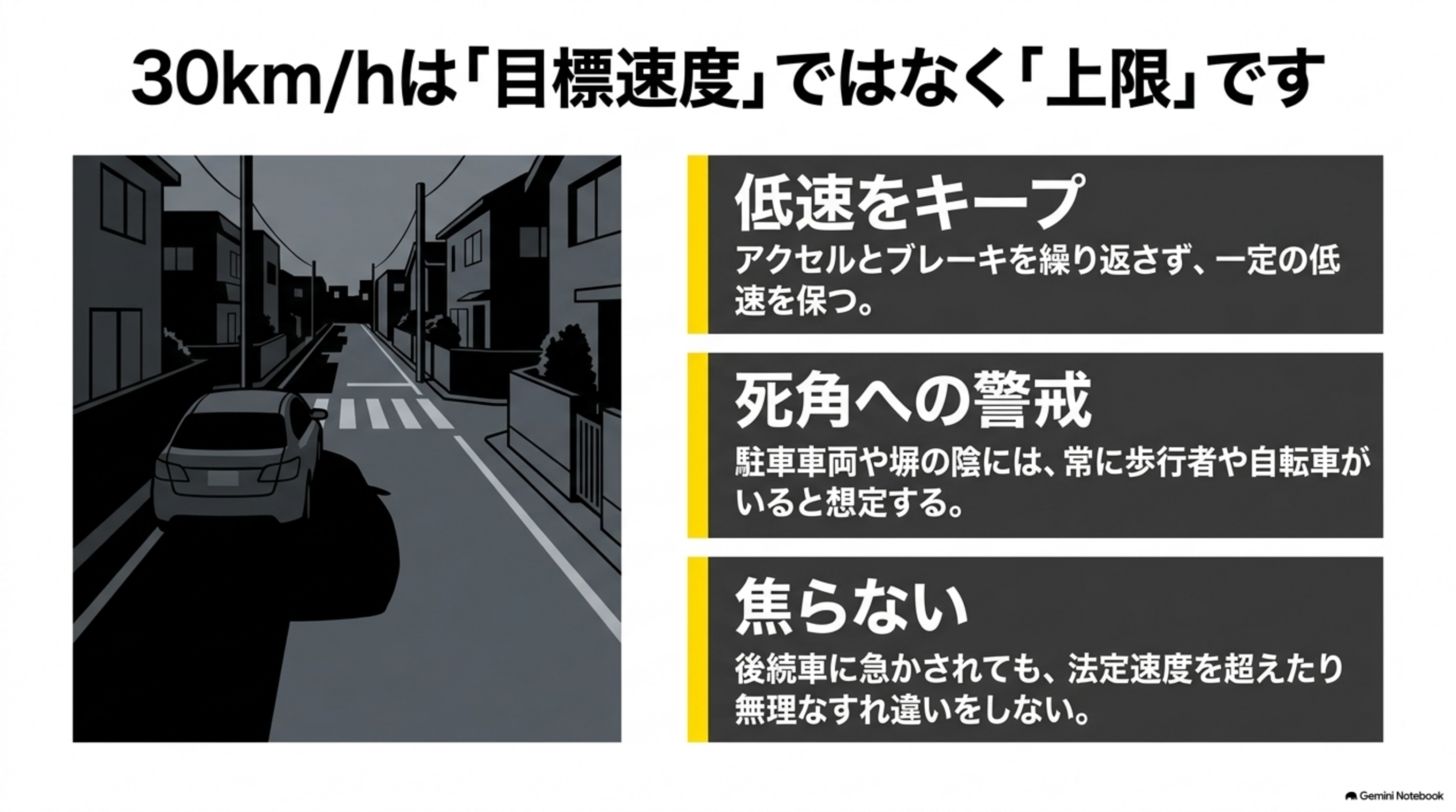 30km/hは目標速度ではなく上限です。低速をキープ・死角への警戒・焦らない