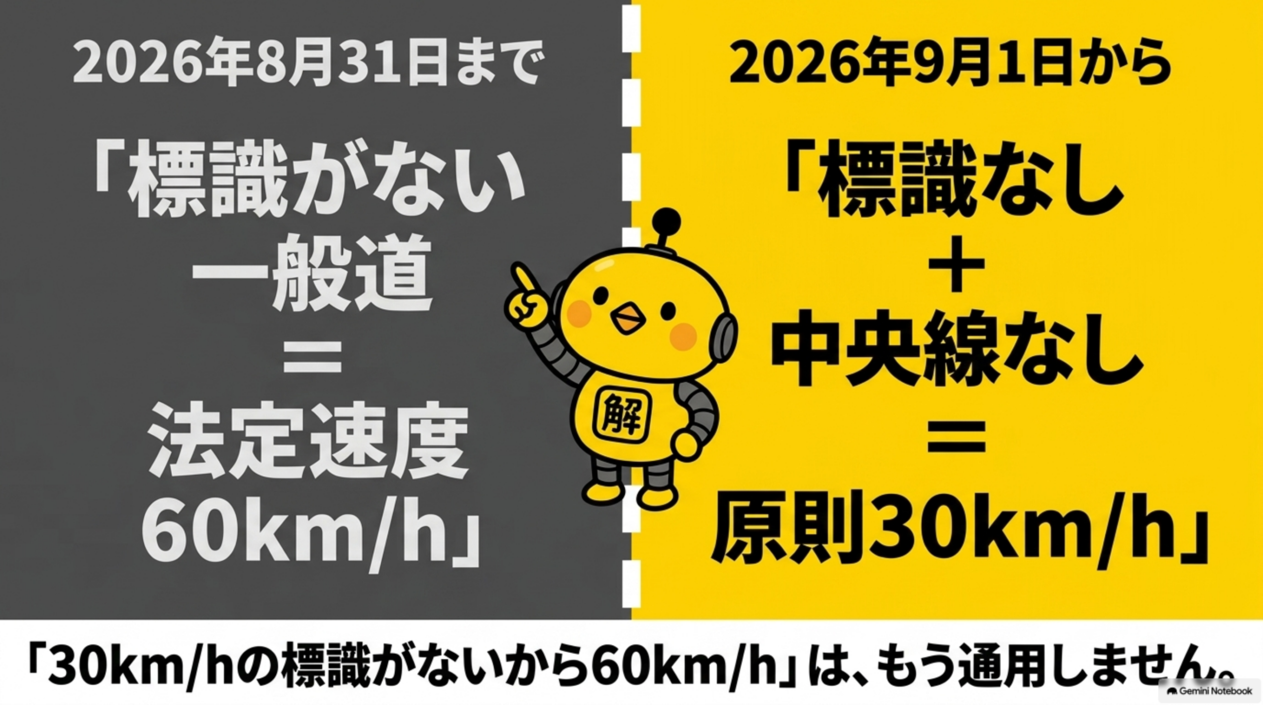 2026年8月31日までは標識がない一般道=法定速度60km/h、2026年9月1日からは標識なし+中央線なし=原則30km/h