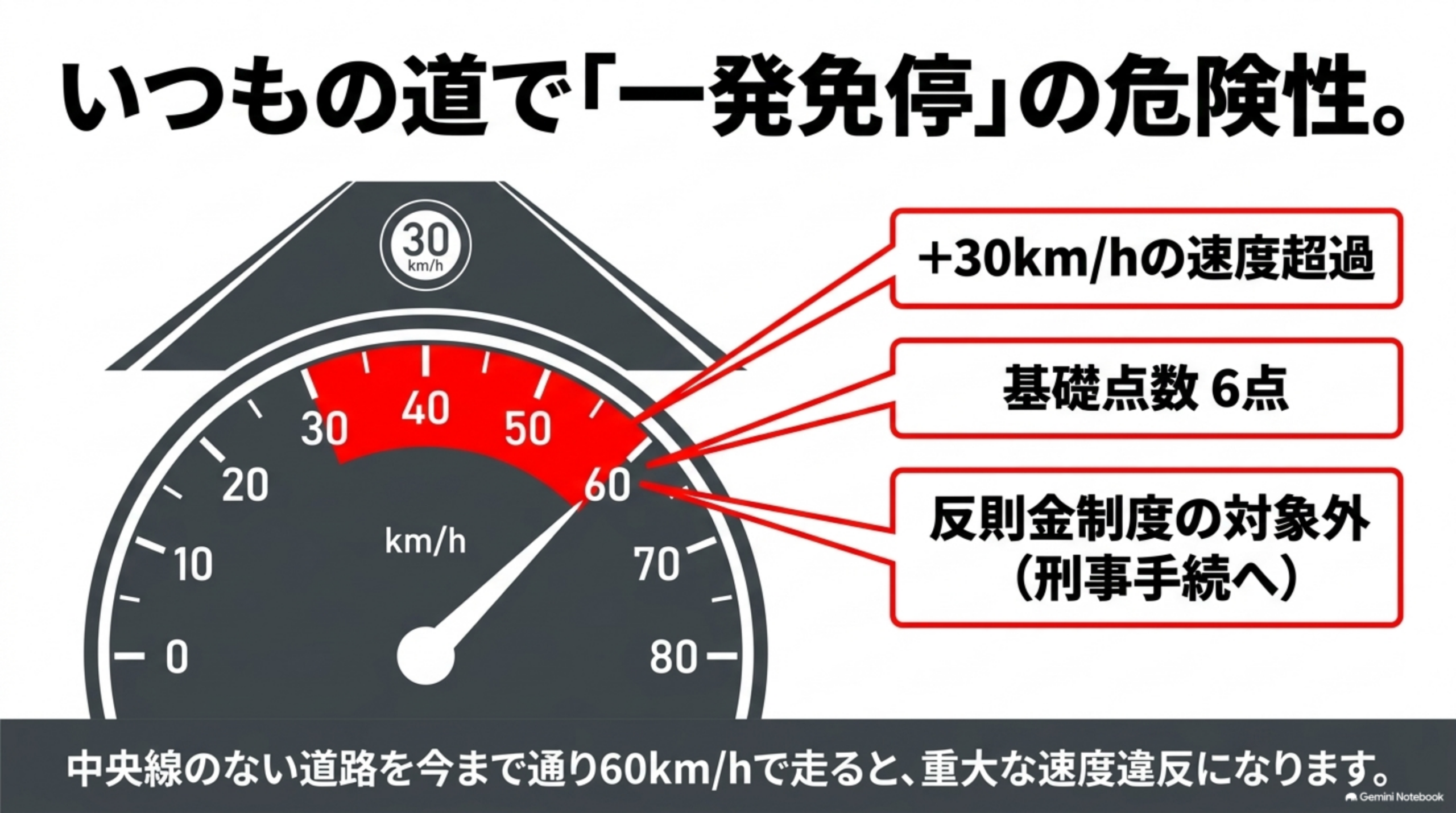 いつもの道で一発免停の危険性。+30km/hの速度超過は基礎点数6点、反則金制度の対象外