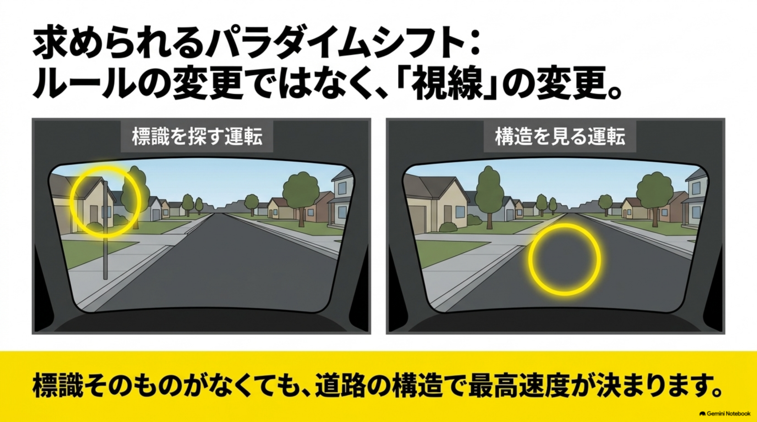求められるパラダイムシフト：標識を探す運転から道路構造を見る運転へ