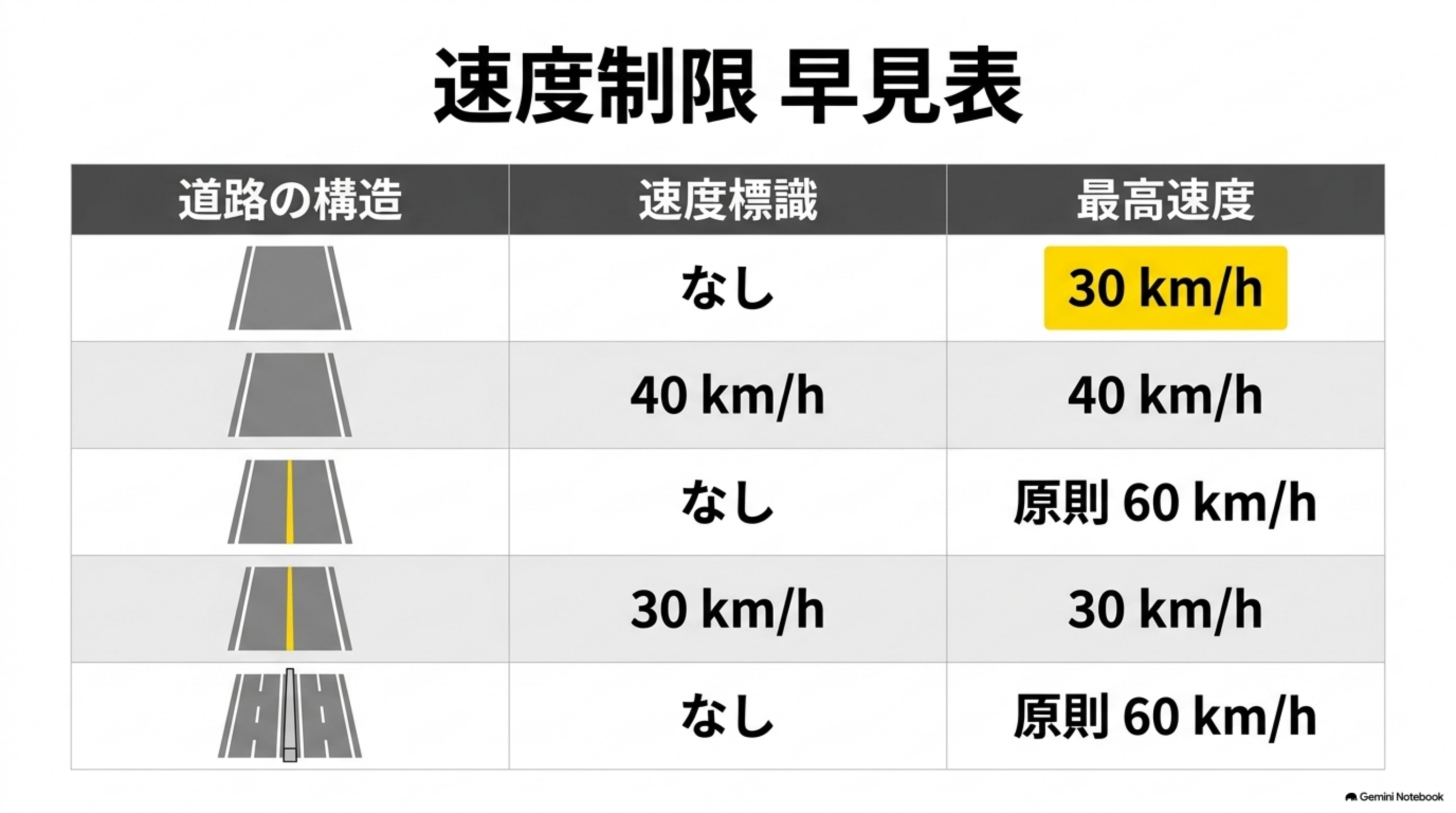 速度制限早見表：道路の構造・速度標識・最高速度の組み合わせ