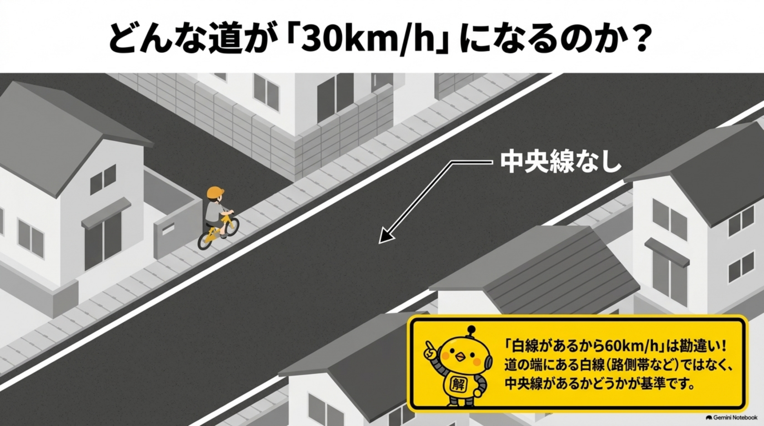どんな道が30km/hになるのか？白線があるから60km/hは勘違い、中央線があるかどうかが基準