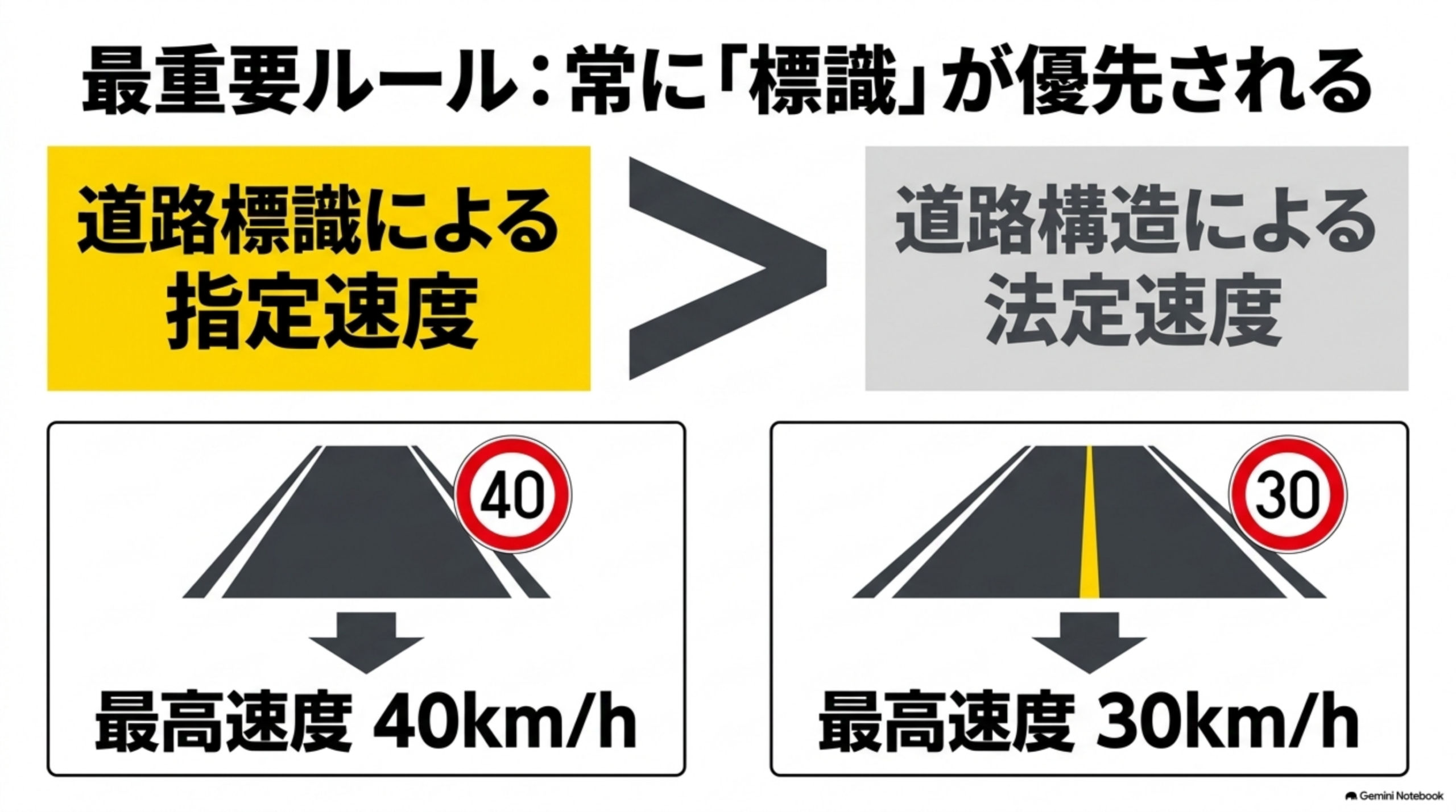 最重要ルール：常に標識が優先される。道路標識による指定速度＞道路構造による法定速度