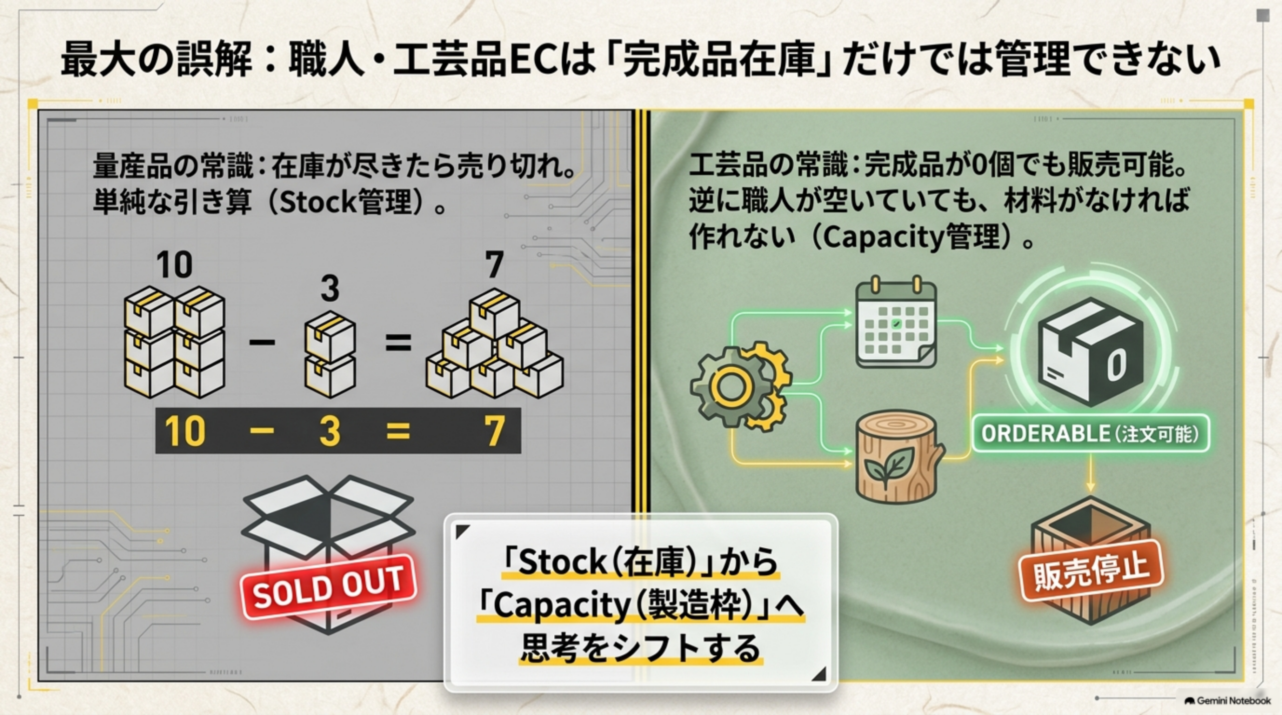量産品の常識は在庫が尽きたら売り切れという単純な引き算のStock管理(10-3=7)だが、工芸品の常識は完成品が0個でも販売可能で逆に職人が空いていても材料がなければ作れないCapacity管理であり、Stock在庫からCapacity製造枠へ思考をシフトするという最大の誤解の図