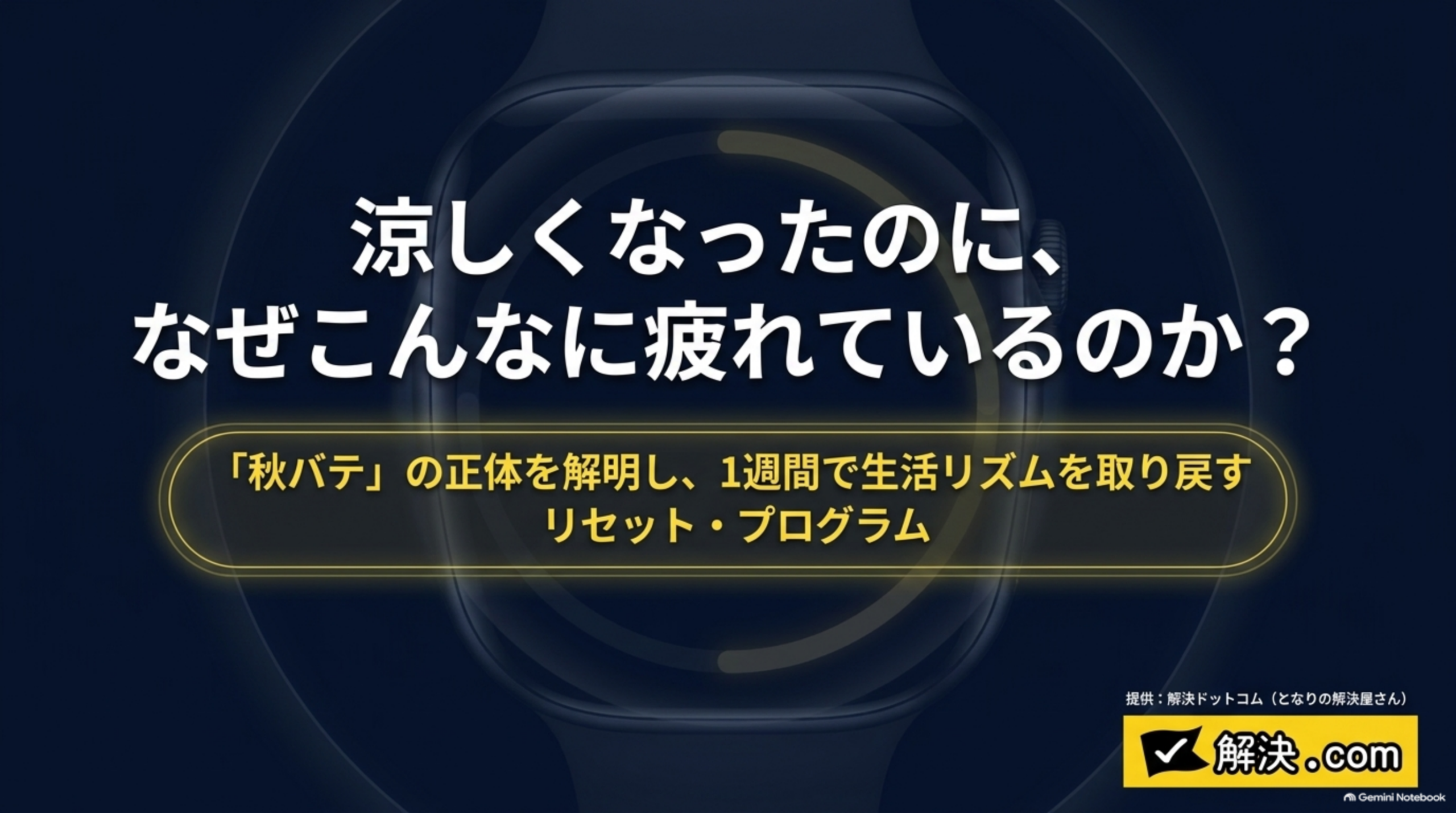 涼しくなったのに、なぜこんなに疲れているのか？というタイトルスライド。「秋バテ」の正体を解明し、1週間で生活リズムを取り戻すリセット・プログラムという副題、腕時計のイラストと提供：解決ドットコム（となりの解決屋さん）のロゴ付き