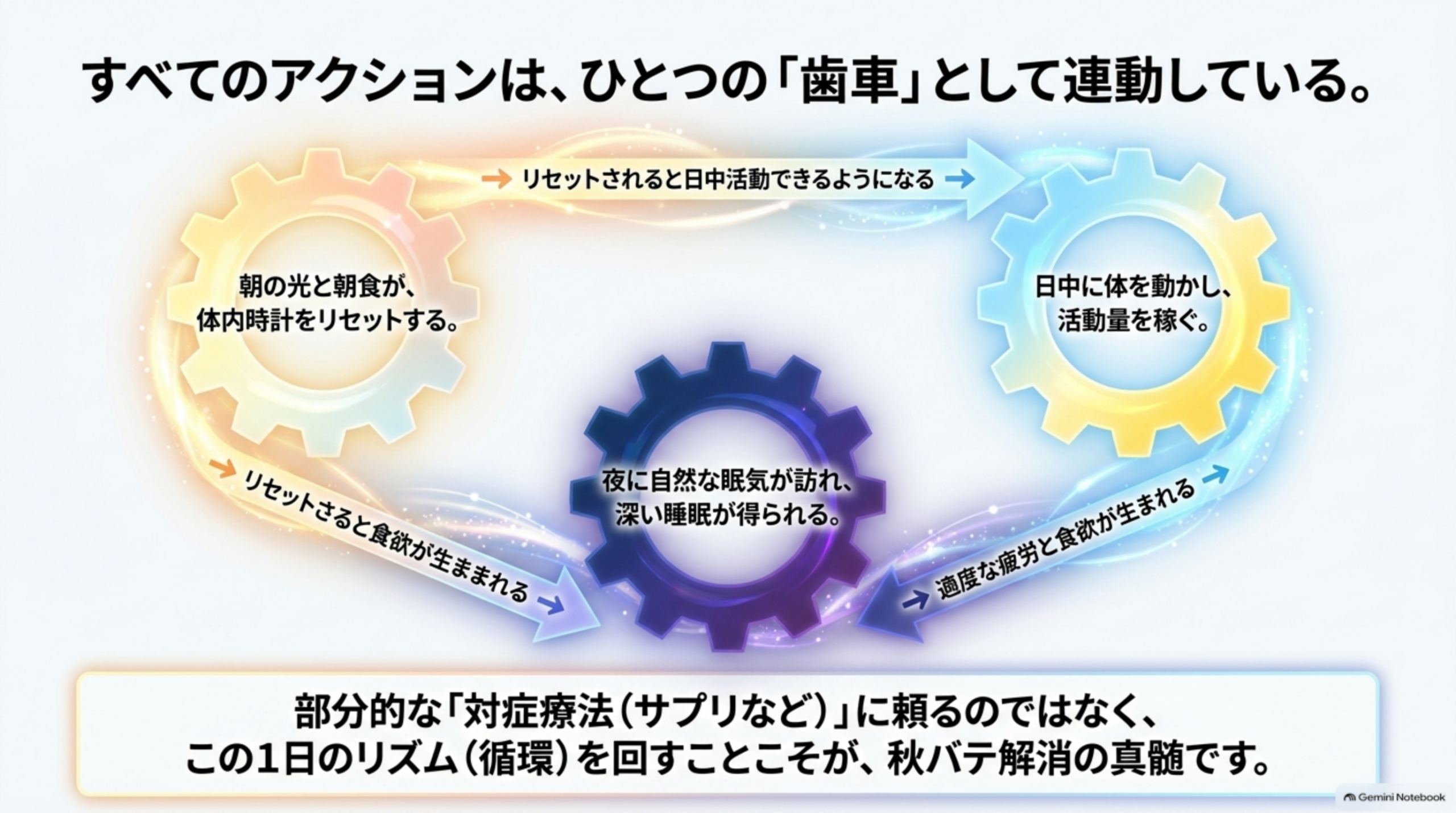 すべてのアクションは、ひとつの「歯車」として連動しているという図解。3つの歯車が円環でつながり、「朝の光と朝食が、体内時計をリセットする」→リセットされると日中活動できるようになる→「日中に体を動かし、活動量を稼ぐ」→適度な疲労と食欲が生まれる→「夜に自然な眠気が訪れ、深い睡眠が得られる」→リセットされると食欲が生まれる、という循環図。「部分的な『対症療法（サプリなど）』に頼るのではなく、この1日のリズム（循環）を回すことこそが、秋バテ解消の真髄です」という結び