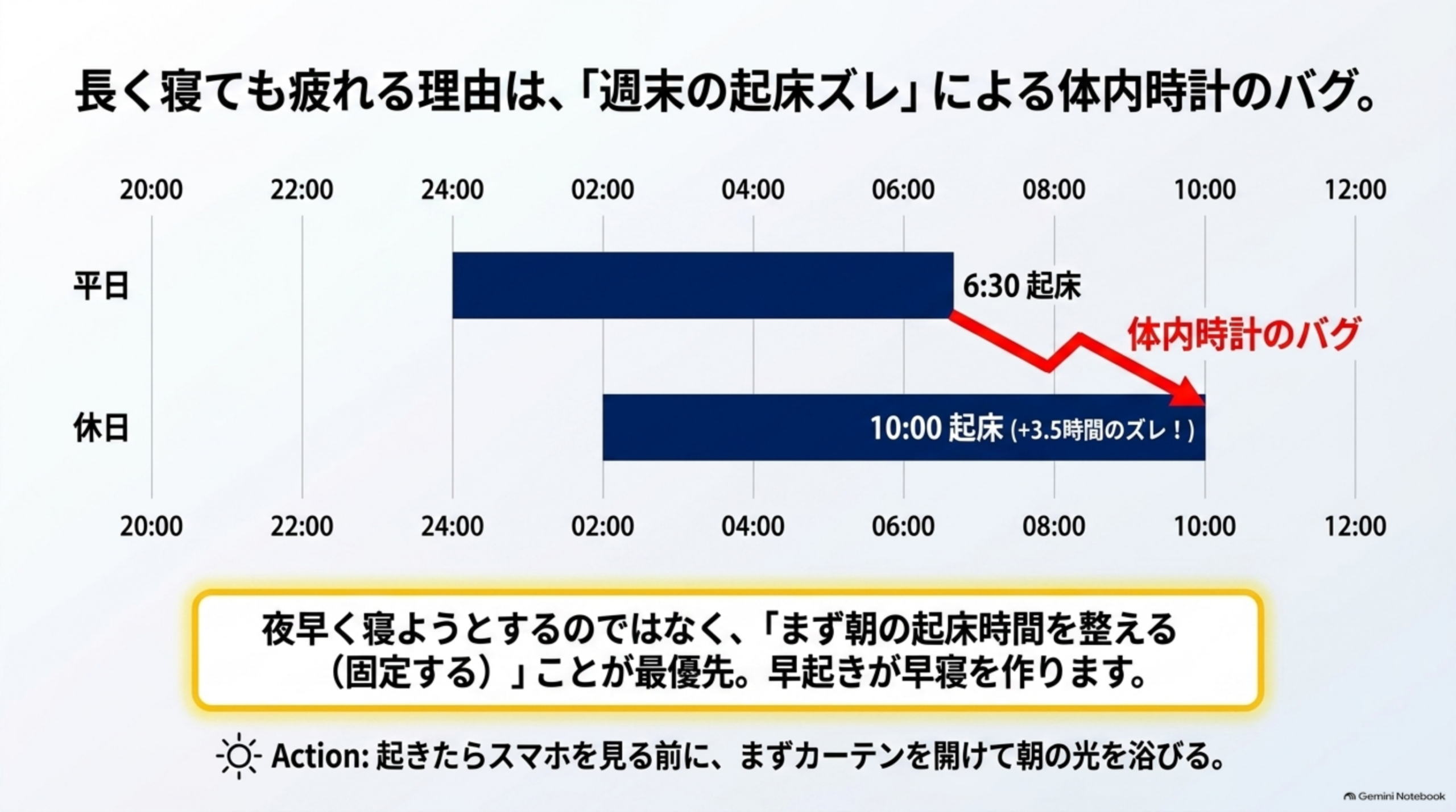 長く寝ても疲れる理由は、「週末の起床ズレ」による体内時計のバグですという図解。平日は6:30起床、休日は10:00起床（+3.5時間のズレ！）という2本のタイムラインバーと、赤い矢印で「体内時計のバグ」を示す。「夜早く寝ようとするのではなく、『まず朝の起床時間を整える（固定する）』ことが最優先。早起きが早寝を作ります」という結び、Action:起きたらスマホを見る前に、まずカーテンを開けて朝の光を浴びるという行動指示
