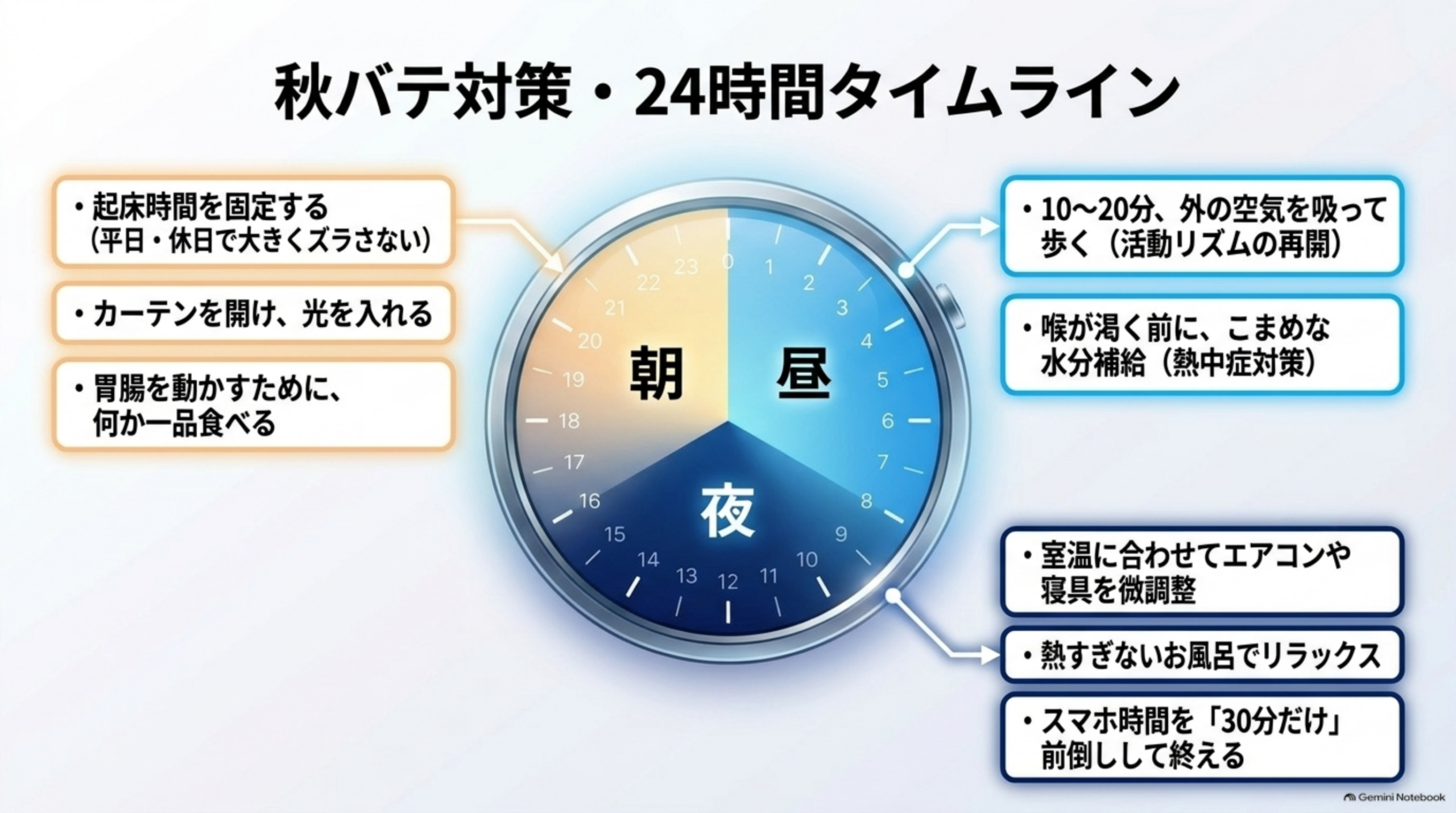 秋バテ対策・24時間タイムラインという時計盤の図解。朝（起床時間を固定する（平日・休日で大きくズラさない）、カーテンを開け、光を入れる、胃腸を動かすために、何か一品食べる）、昼（10〜20分、外の空気を吸って歩く（活動リズムの再開）、喉が渇く前に、こまめな水分補給（熱中症対策））、夜（室温に合わせてエアコンや寝具を微調整、熱すぎないお風呂でリラックス、スマホ時間を「30分だけ」前倒しして終える）という3分割の時計イラスト