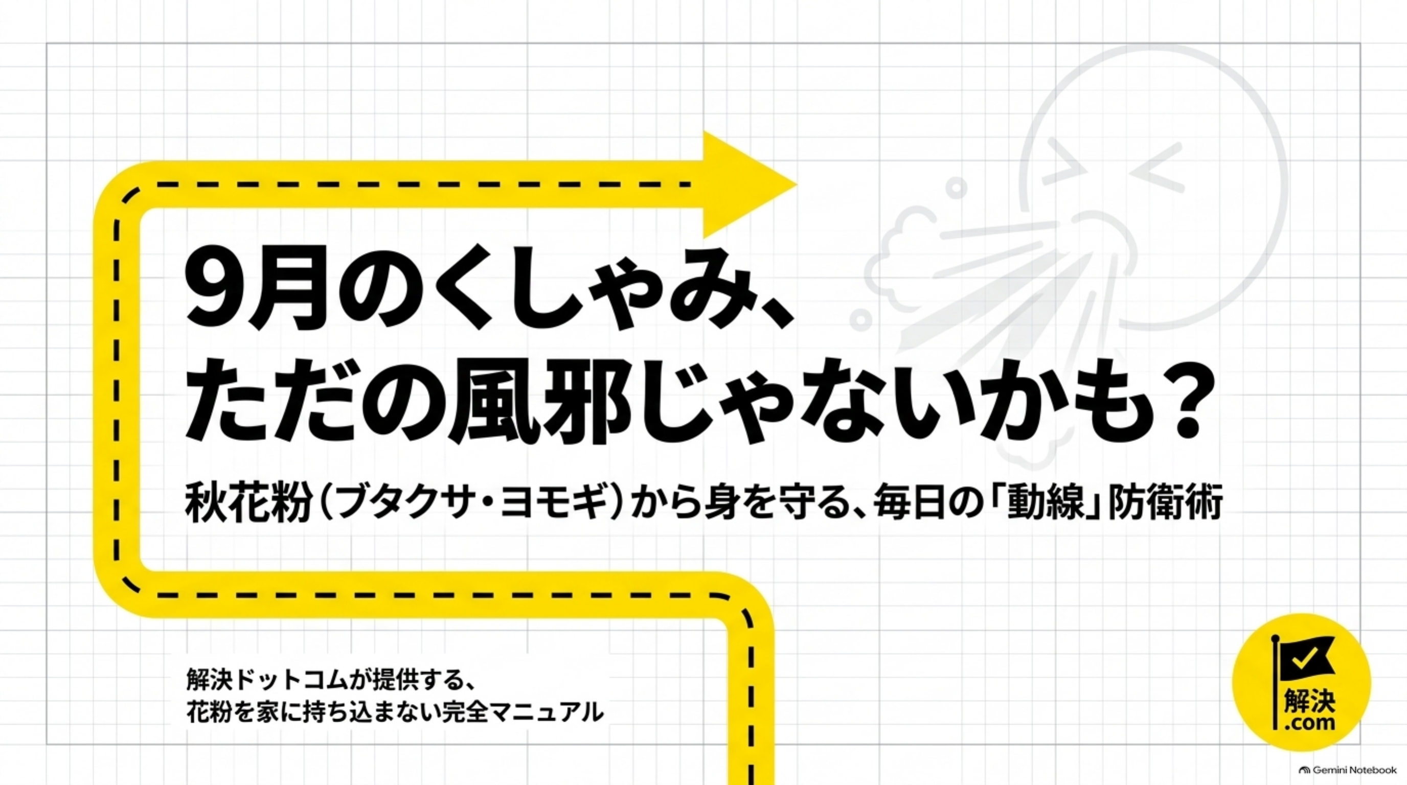 9月のくしゃみ、ただの風邪じゃないかも？というタイトルスライド。秋花粉（ブタクサ・ヨモギ）から身を守る、毎日の「動線」防衛術という副題、黄色い矢印の枠線とくしゃみをする人のシルエットのイラスト、解決ドットコムが提供する、花粉を家に持ち込まない完全マニュアルという説明、解決.comのロゴ