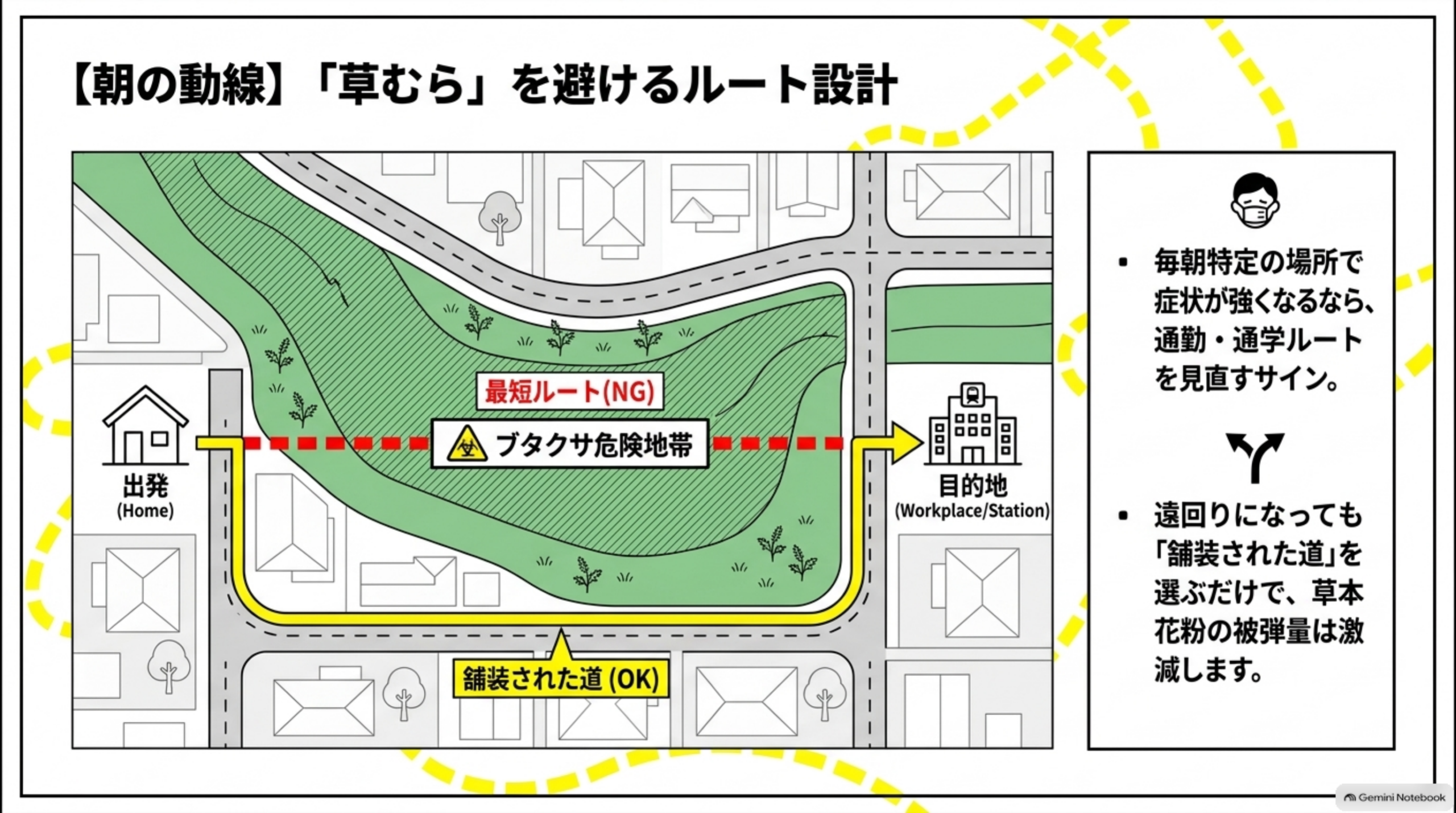 【朝の動線】「草むら」を避けるルート設計という地図イラスト。出発（Home）から目的地（Workplace/Station）まで、赤い点線の最短ルート（NG）がブタクサ危険地帯（草むらエリア）を横切っているのに対し、黄色い実線の舗装された道（OK）が遠回りしてその危険地帯を避けているルート図。毎朝特定の場所で症状が強くなるなら、通勤・通学ルートを見直すサイン。遠回りになっても「舗装された道」を選ぶだけで、草本花粉の被弾量は激減します、という説明