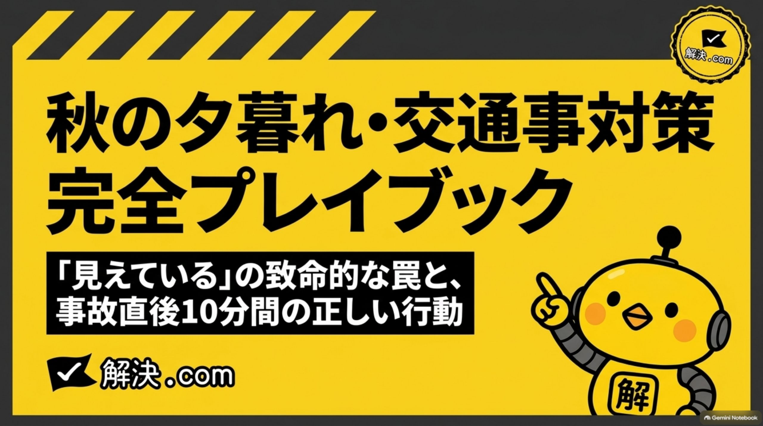 秋の夕暮れ・交通事対策 完全プレイブックというタイトルスライド。「見えている」の致命的な罠と、事故直後10分間の正しい行動という副題、黄黒の斜めハザードストライプの枠、解決.comのロゴとカイピヨくんのイラスト付き