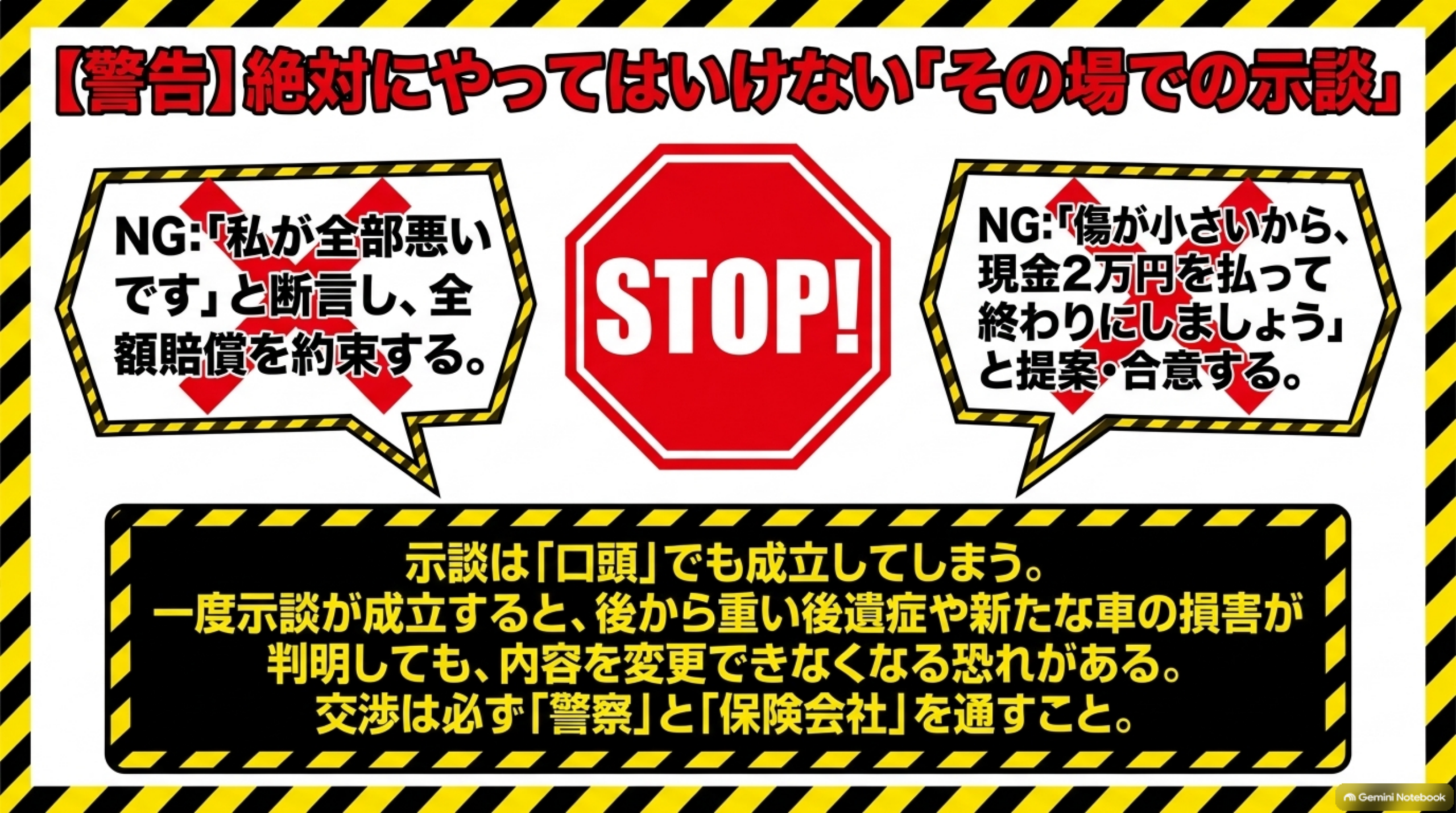 【警告】絶対にやってはいけない「その場での示談」を示す図解。NG:「私が全部悪いです」と断言し、全額賠償を約束する、NG:「傷が小さいから、現金2万円を払って終わりにしましょう」と提案・合意する、という2つの吹き出しの中央にSTOP!の八角形標識。示談は「口頭」でも成立してしまう、一度示談が成立すると、後から重い後遺症や新たな車の損害が判明しても、内容を変更できなくなる恐れがある、交渉は必ず「警察」と「保険会社」を通すことという警告