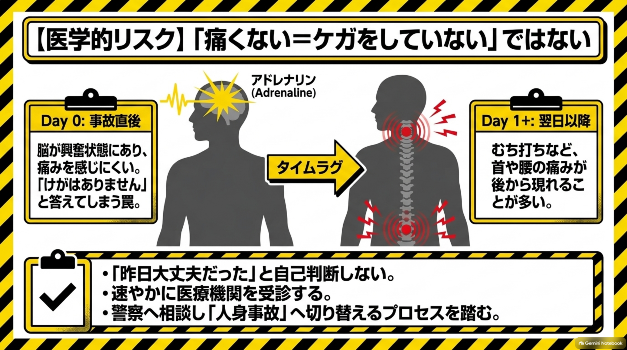 【医学的リスク】「痛くない＝ケガをしていない」ではないを示す図解。Day0:事故直後は脳がアドレナリンで興奮状態にあり痛みを感じにくく「けがはありません」と答えてしまう罠、タイムラグを経てDay1+:翌日以降はむち打ちなど首や腰の痛みが後から現れることが多いという2段階の人体シルエット図。「昨日大丈夫だった」と自己判断しない、速やかに医療機関を受診する、警察へ相談し「人身事故」へ切り替えるプロセスを踏むというチェックリスト