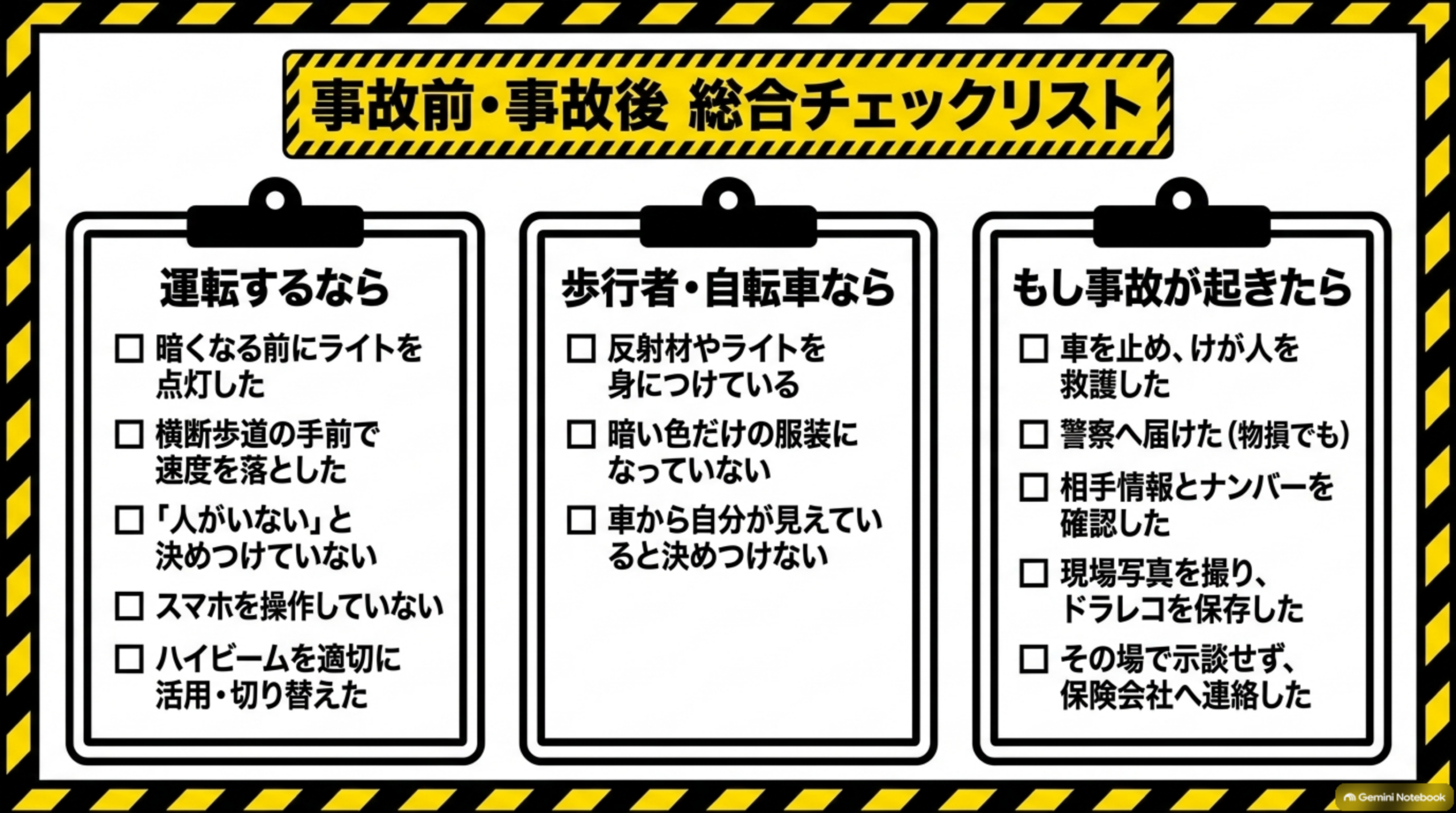 事故前・事故後 総合チェックリストを示す3列の図解。運転するなら（暗くなる前にライトを点灯した、横断歩道の手前で速度を落とした、「人がいない」と決めつけていない、スマホを操作していない、ハイビームを適切に活用・切り替えた）、歩行者・自転車なら（反射材やライトを身につけている、暗い色だけの服装になっていない、車から自分が見えていると決めつけない）、もし事故が起きたら（車を止め、けが人を救護した、警察へ届けた（物損でも）、相手情報とナンバーを確認した、現場写真を撮り、ドラレコを保存した、その場で示談せず、保険会社へ連絡した）という3カテゴリのチェックリスト