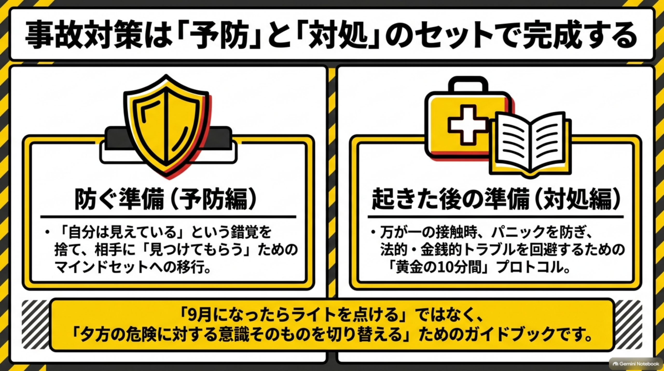 事故対策は「予防」と「対処」のセットで完成するという2カラムの図解。左は防ぐ準備（予防編）で「自分は見えている」という錯覚を捨て、相手に「見つけてもらう」ためのマインドセットへの移行、右は起きた後の準備（対処編）で万が一の接触時、パニックを防ぎ、法的・金銭的トラブルを回避するための「黄金の10分間」プロトコルという説明。「9月になったらライトを点ける」ではなく、「夕方の危険に対する意識そのものを切り替える」ためのガイドブックですという結び