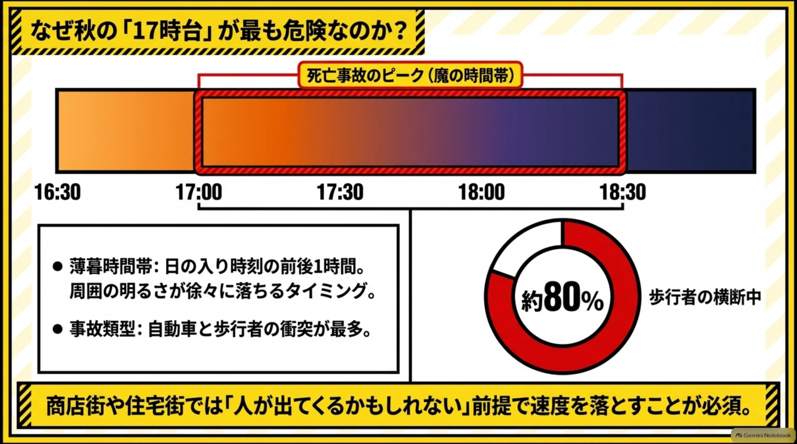 なぜ秋の「17時台」が最も危険なのかを示す図解。16:30から18:30までの時間帯を示す帯グラフに、17:00〜18:30を死亡事故のピーク（魔の時間帯）として赤枠でハイライト。薄暮時間帯は日の入り時刻の前後1時間で周囲の明るさが徐々に落ちるタイミング、事故類型は自動車と歩行者の衝突が最多という説明と、歩行者の横断中の事故が約80%を占めることを示すドーナツグラフ。商店街や住宅街では「人が出てくるかもしれない」前提で速度を落とすことが必須という結び