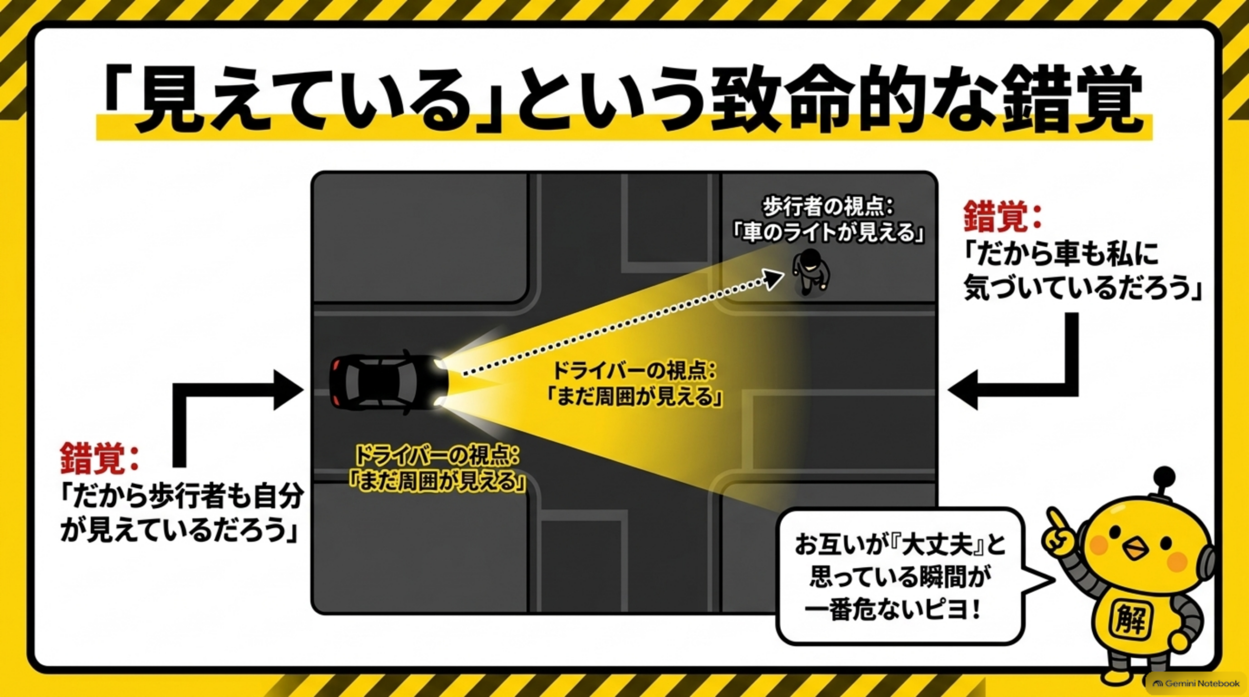 「見えている」という致命的な錯覚を示す交差点の俯瞰図解。歩行者の視点「車のライトが見える」→錯覚「だから車も私に気づいているだろう」、ドライバーの視点「まだ周囲が見える」→錯覚「だから歩行者も自分が見えているだろう」という互いの思い込みを示し、カイピヨくんが「お互いが『大丈夫』と思っている瞬間が一番危ないピヨ！」と話す吹き出し