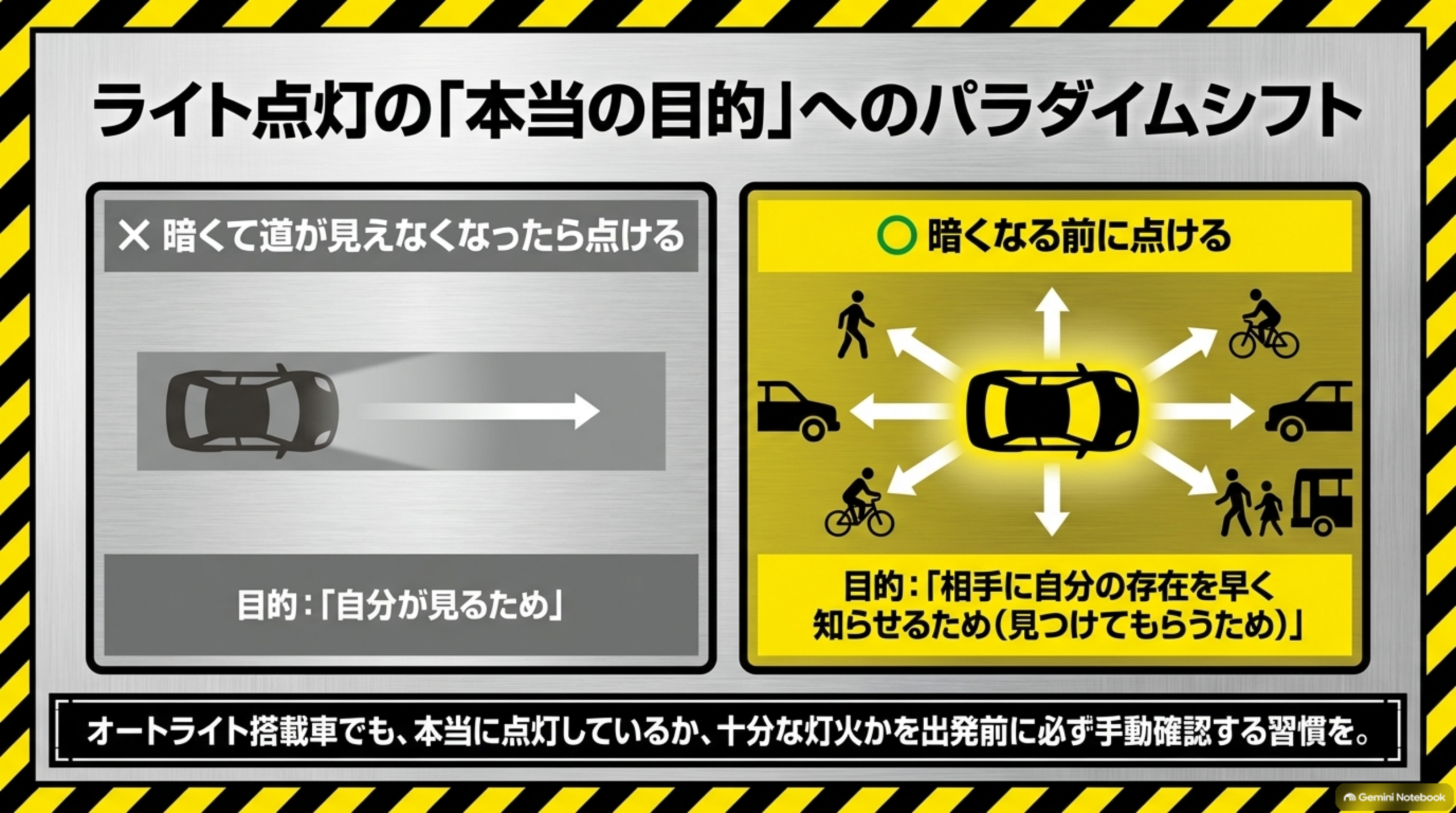ライト点灯の「本当の目的」へのパラダイムシフトを示す図解。左側はNG（暗くて道が見えなくなったら点ける）で目的は「自分が見るため」という一方向の光のイラスト、右側はOK（暗くなる前に点ける）で目的は「相手に自分の存在を早く知らせるため（見つけてもらうため）」という車を中心に歩行者・自転車・車へ光が広がる放射状のイラスト。オートライト搭載車でも、本当に点灯しているか、十分な灯火かを出発前に必ず手動確認する習慣をという結び