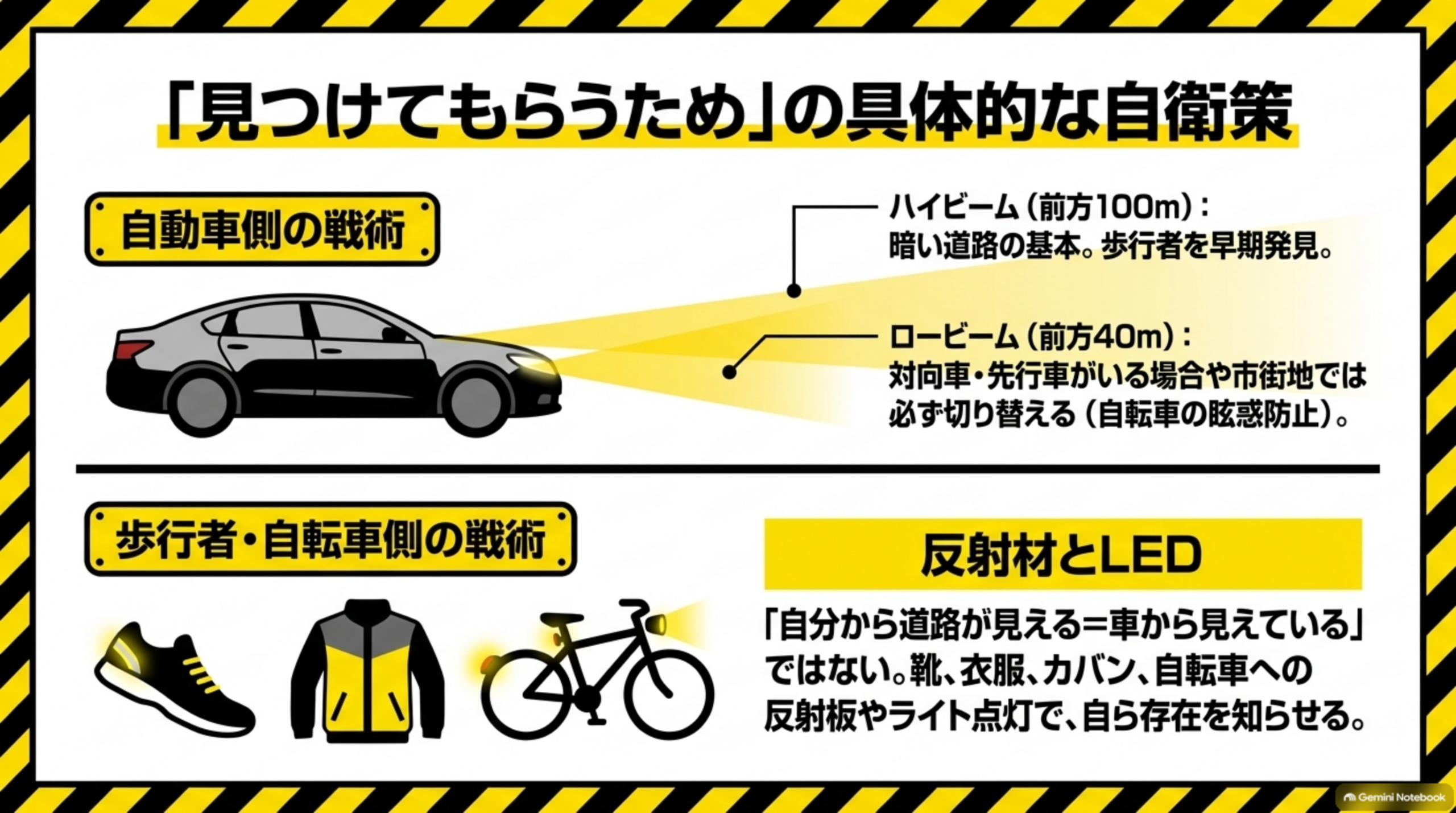「見つけてもらうため」の具体的な自衛策を示す図解。自動車側の戦術としてハイビーム（前方100m、暗い道路の基本、歩行者を早期発見）とロービーム（前方40m、対向車・先行車がいる場合や市街地では必ず切り替える、自転車の眩惑防止）、歩行者・自転車側の戦術として反射材付きの靴・衣服・自転車ライトのイラストと、「自分から道路が見える＝車から見えている」ではない、靴・衣服・カバン・自転車への反射板やライト点灯で自ら存在を知らせるという説明