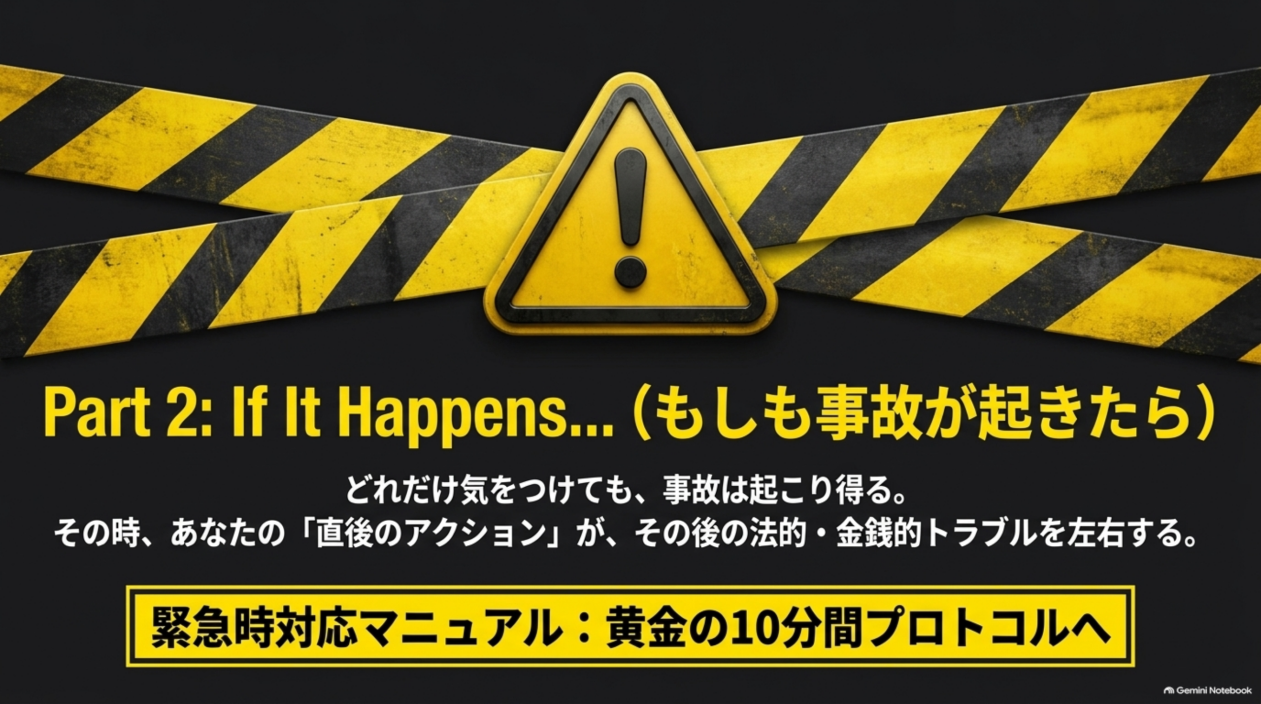 Part 2: If It Happens...（もしも事故が起きたら）という黒背景の黄黒ハザードストライプの区切りスライド。「どれだけ気をつけても、事故は起こり得る。その時、あなたの『直後のアクション』が、その後の法的・金銭的トラブルを左右する」という文と、緊急時対応マニュアル：黄金の10分間プロトコルへという案内
