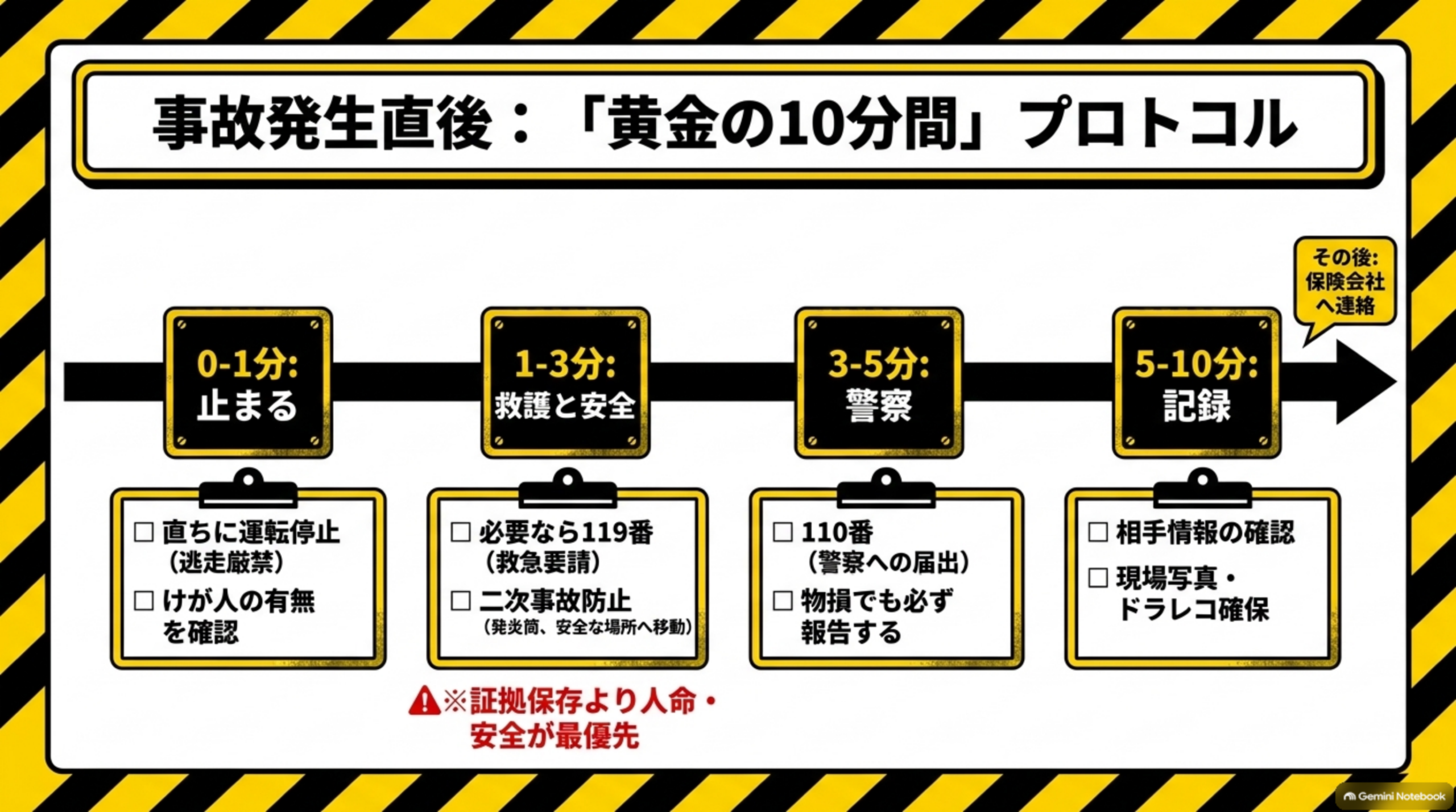 事故発生直後：「黄金の10分間」プロトコルを示すタイムライン図解。0-1分:止まる（直ちに運転停止・逃走厳禁、けが人の有無を確認）→1-3分:救護と安全（必要なら119番救急要請、二次事故防止で発炎筒・安全な場所へ移動）→3-5分:警察（110番警察への届出、物損でも必ず報告する）→5-10分:記録（相手情報の確認、現場写真・ドラレコ確保）という4段階と、その後は保険会社へ連絡という案内、「証拠保存より人命・安全が最優先」という警告