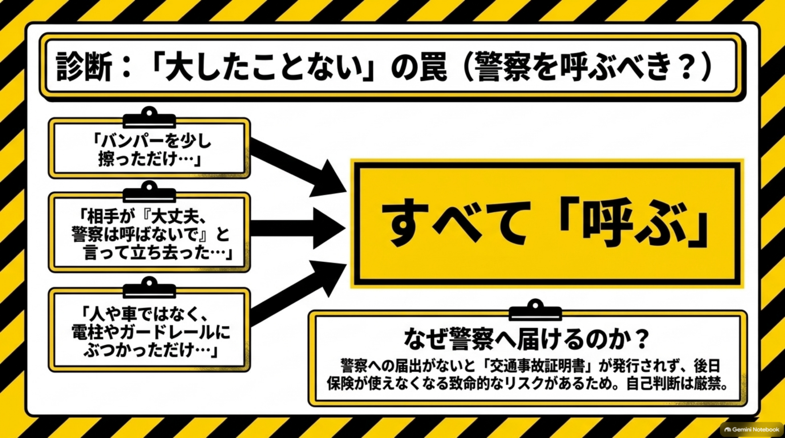 診断：「大したことない」の罠（警察を呼ぶべき？）を示す図解。「バンパーを少し擦っただけ…」「相手が『大丈夫、警察は呼ばないで』と言って立ち去った…」「人や車ではなく、電柱やガードレールにぶつかっただけ…」という3つの言い訳が、すべて矢印で「呼ぶ」という大きな黄色ボックスに集約される図解。なぜ警察へ届けるのか？として、警察への届出がないと「交通事故証明書」が発行されず、後日保険が使えなくなる致命的なリスクがあるため自己判断は厳禁という説明