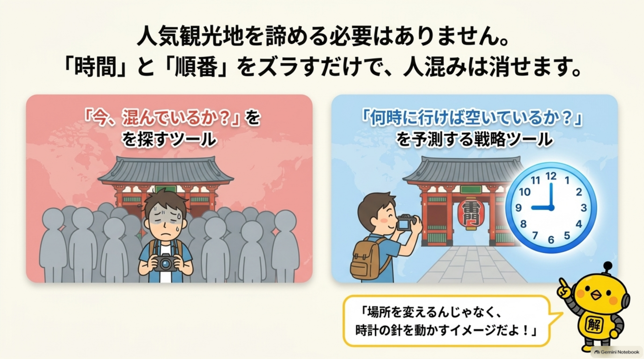 人気観光地を諦める必要はありません。時間と順番をズラすだけで人混みは消せます