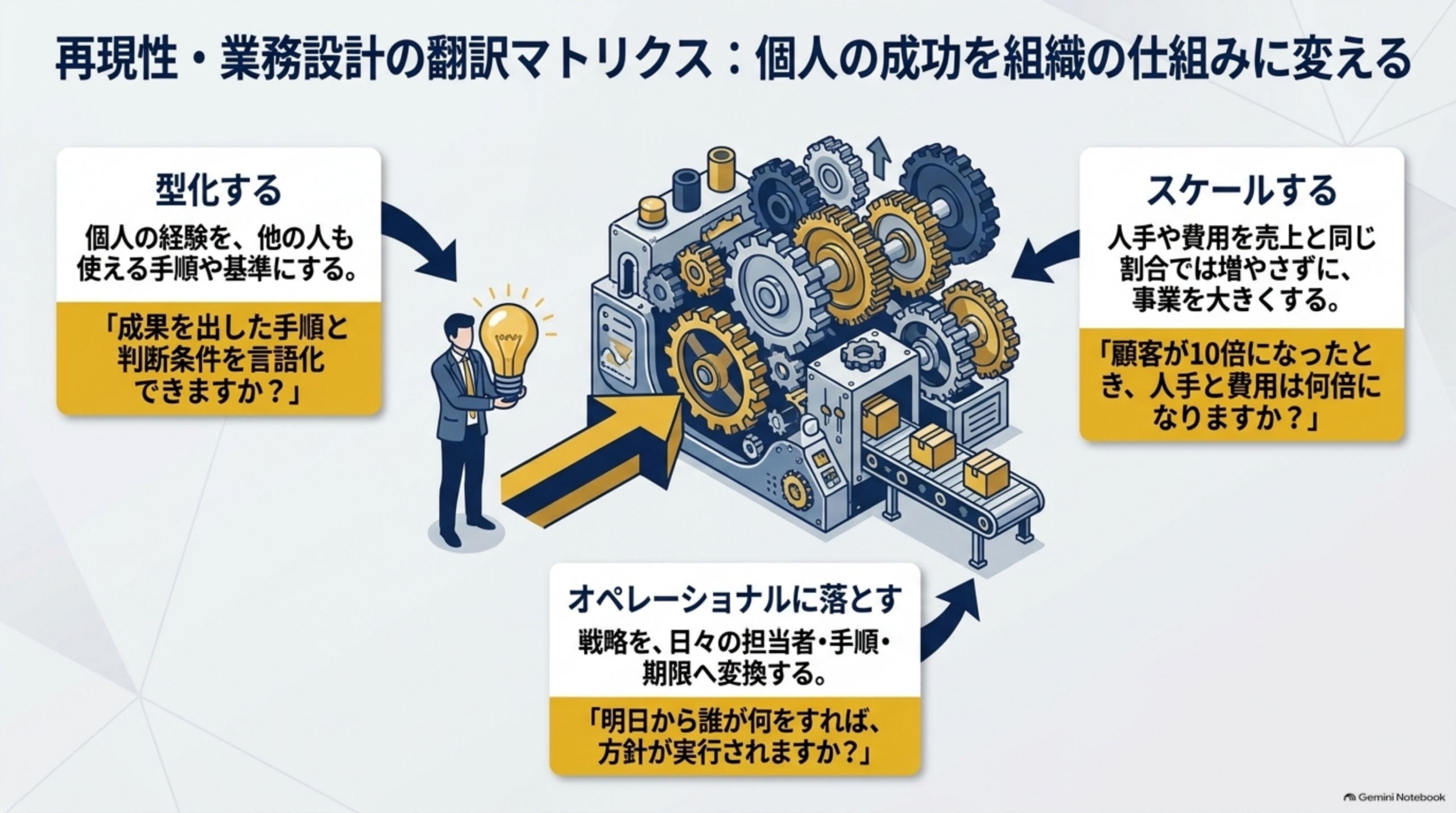 再現性・業務設計の翻訳マトリクス：個人の成功を組織の仕組みに変えるという図解。中央の歯車とベルトコンベアの機械イラストを囲んで、型化する（個人の経験を、他の人も使える手順や基準にする→「成果を出した手順と判断条件を言語化できますか？」）、スケールする（人手や費用を売上と同じ割合では増やさずに、事業を大きくする→「顧客が10倍になったとき、人手と費用は何倍になりますか？」）、オペレーショナルに落とす（戦略を、日々の担当者・手順・期限へ変換する→「明日から誰が何をすれば、方針が実行されますか？」）の3カード