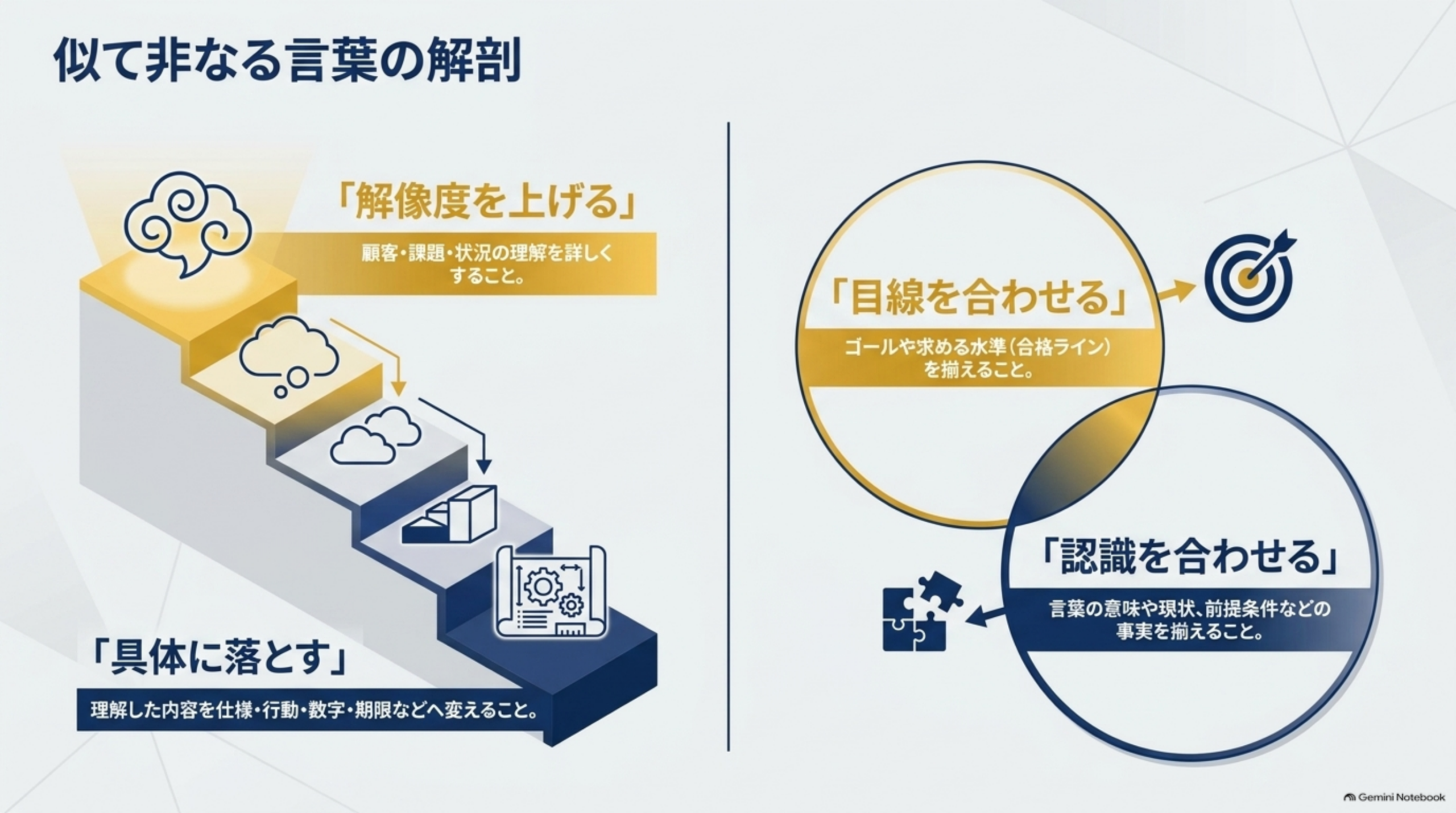似て非なる言葉の解剖という図解。左側は「解像度を上げる」（顧客・課題・状況の理解を詳しくすること）を階段状のステップ図で表現し、右側は「目線を合わせる」（ゴールや求める水準＝合格ラインを揃えること）と「認識を合わせる」（言葉の意味や現状、前提条件などの事実を揃えること）を重なり合う2つの円（ベン図）で対比した図解