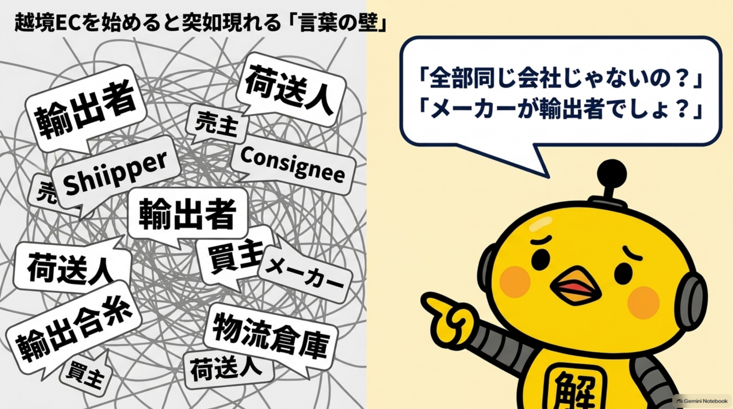 越境ECを始めると突如現れる「言葉の壁」。輸出者、荷送人、売主、Shipper、Consignee、買主、メーカー、輸出合系、物流倉庫といった言葉が絡み合って表示され、「全部同じ会社じゃないの？」「メーカーが輸出者でしょ？」と困惑するカイピヨくんのイラスト