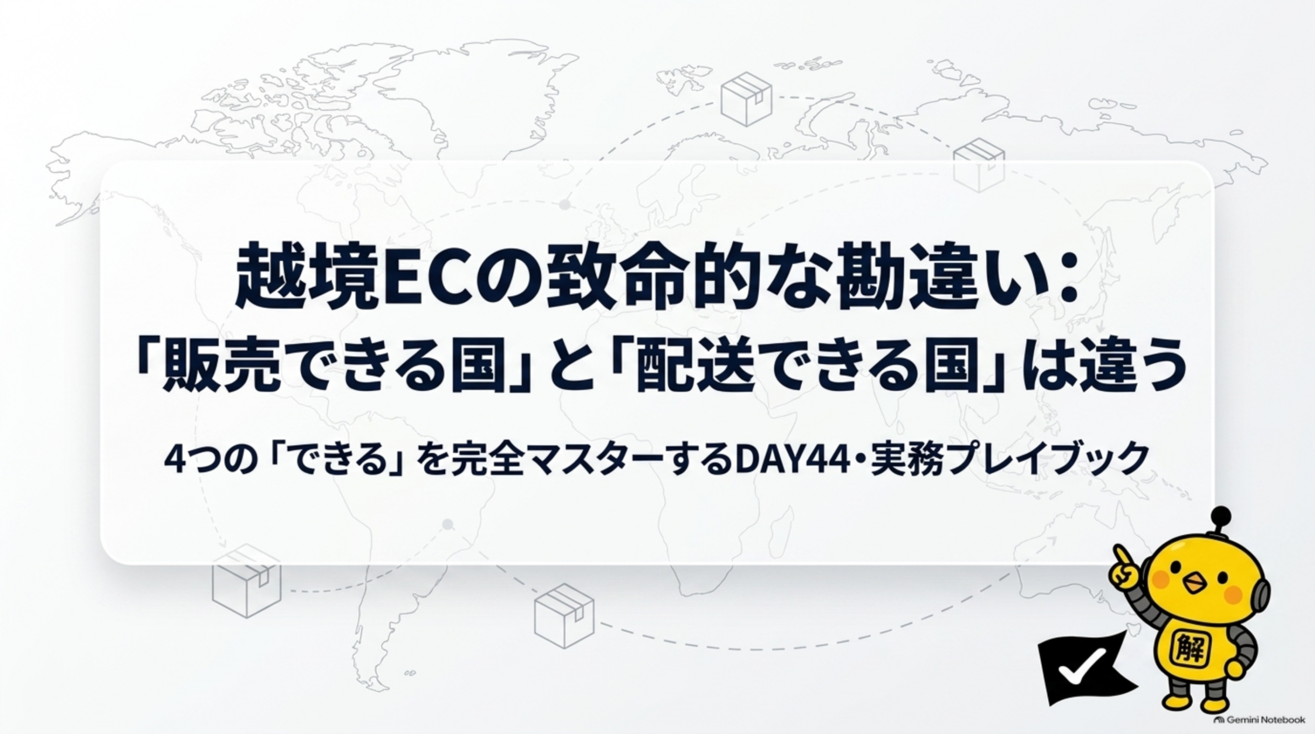 解決.com公式 DAY44｜越境ECの致命的な勘違い:「販売できる国」と「配送できる国」は違う。4つの「できる」を完全マスターするDAY44・実務プレイブック