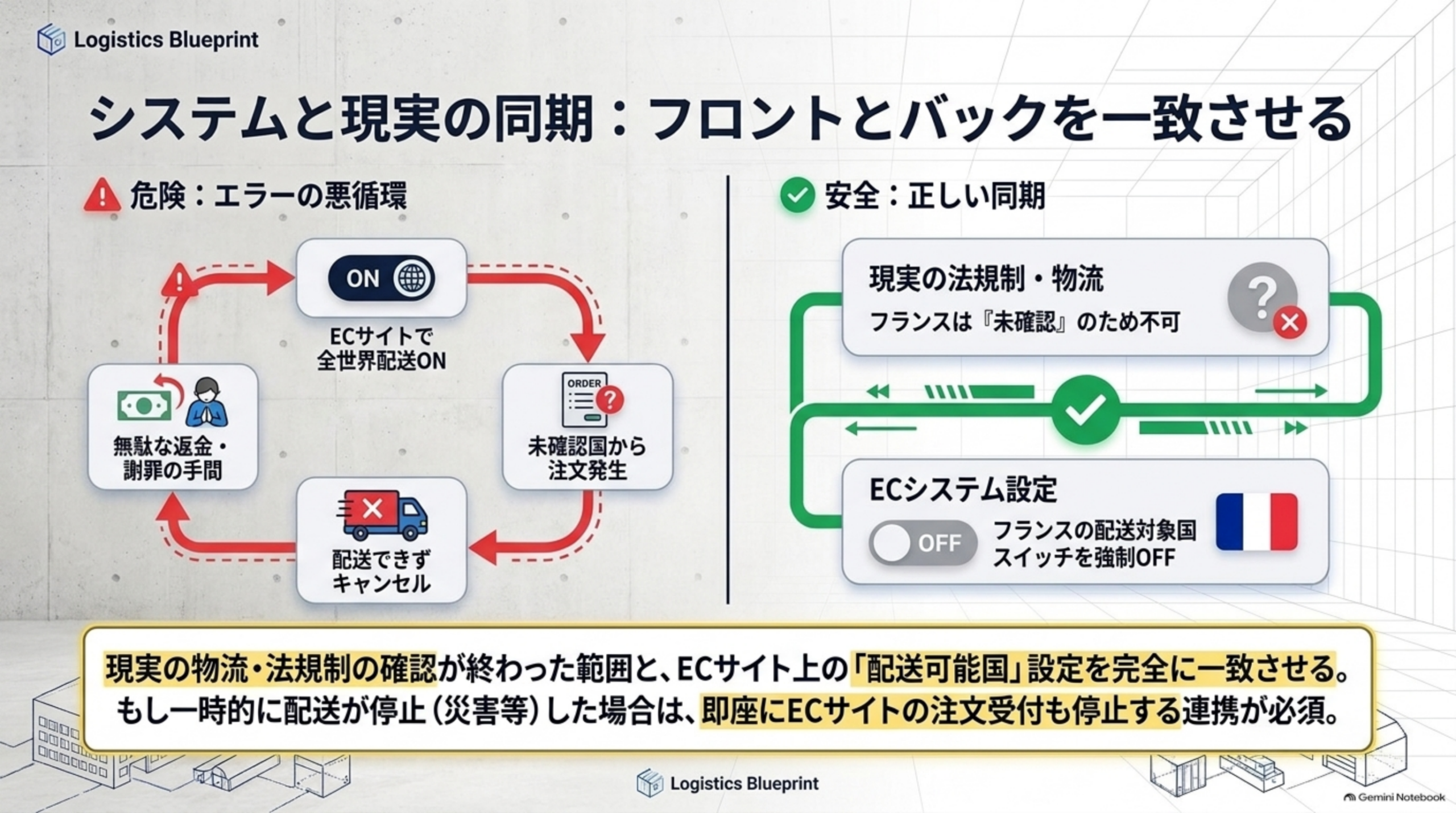 システムと現実の同期:フロントとバックを一致させる。危険：エラーの悪循環（ECサイトで全世界配送ON→未確認国から注文発生→配送できずキャンセル→無駄な返金・謝罪の手間、が循環）と、安全：正しい同期（現実の法規制・物流でフランスは「未確認」のため不可、ECシステム設定でフランスの配送対象国スイッチを強制OFF、が対応）を対比。現実の物流・法規制の確認が終わった範囲と、ECサイト上の「配送可能国」設定を完全に一致させる。もし一時的に配送が停止（災害等）した場合は、即座にECサイトの注文受付も停止する連携が必須と結ぶ