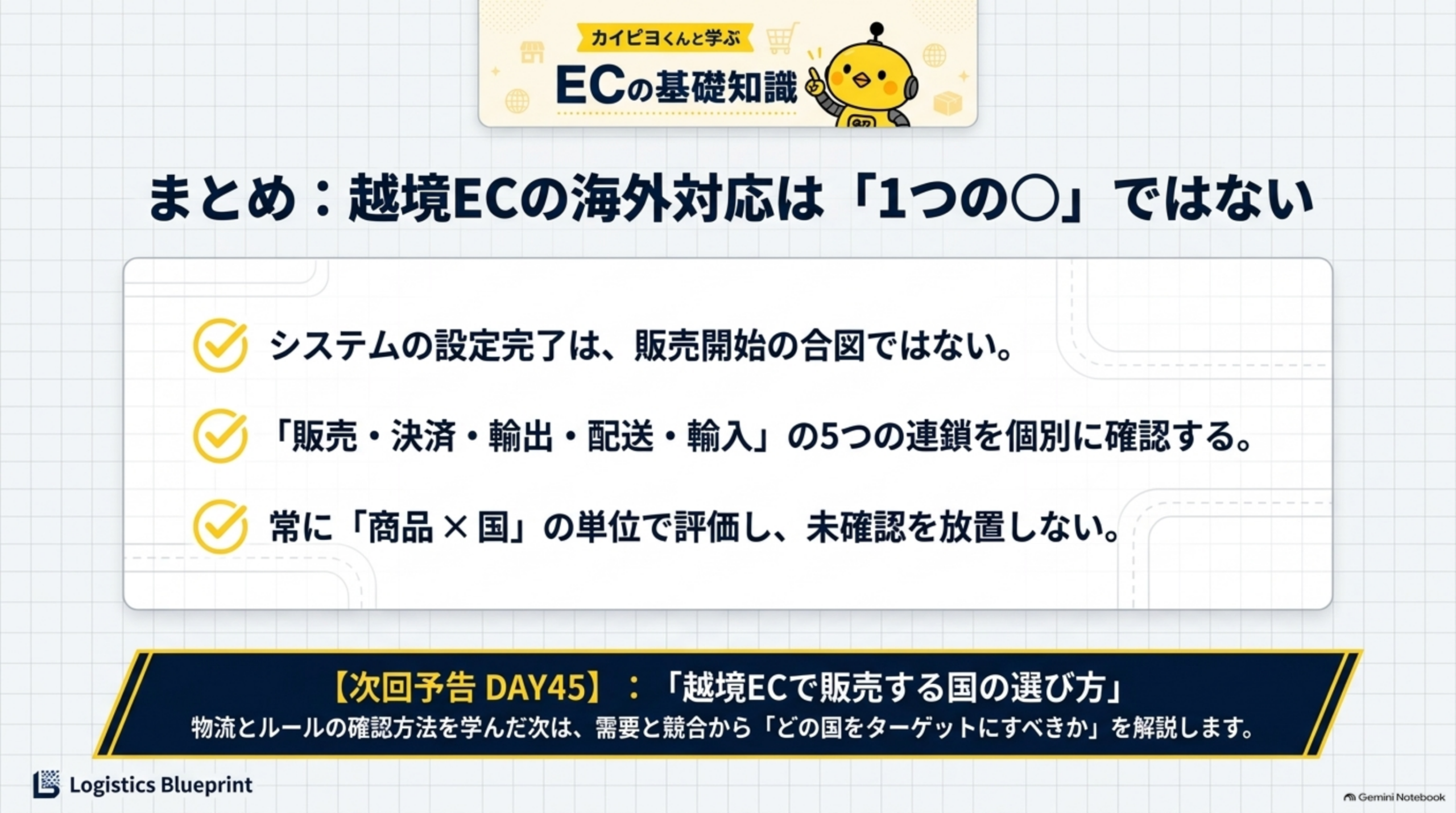 まとめ:越境ECの海外対応は「1つの○」ではない。システムの設定完了は、販売開始の合図ではない。「販売・決済・輸出・配送・輸入」の5つの連鎖を個別に確認する。常に「商品×国」の単位で評価し、未確認を放置しない。次回予告DAY45：越境ECで販売する国の選び方