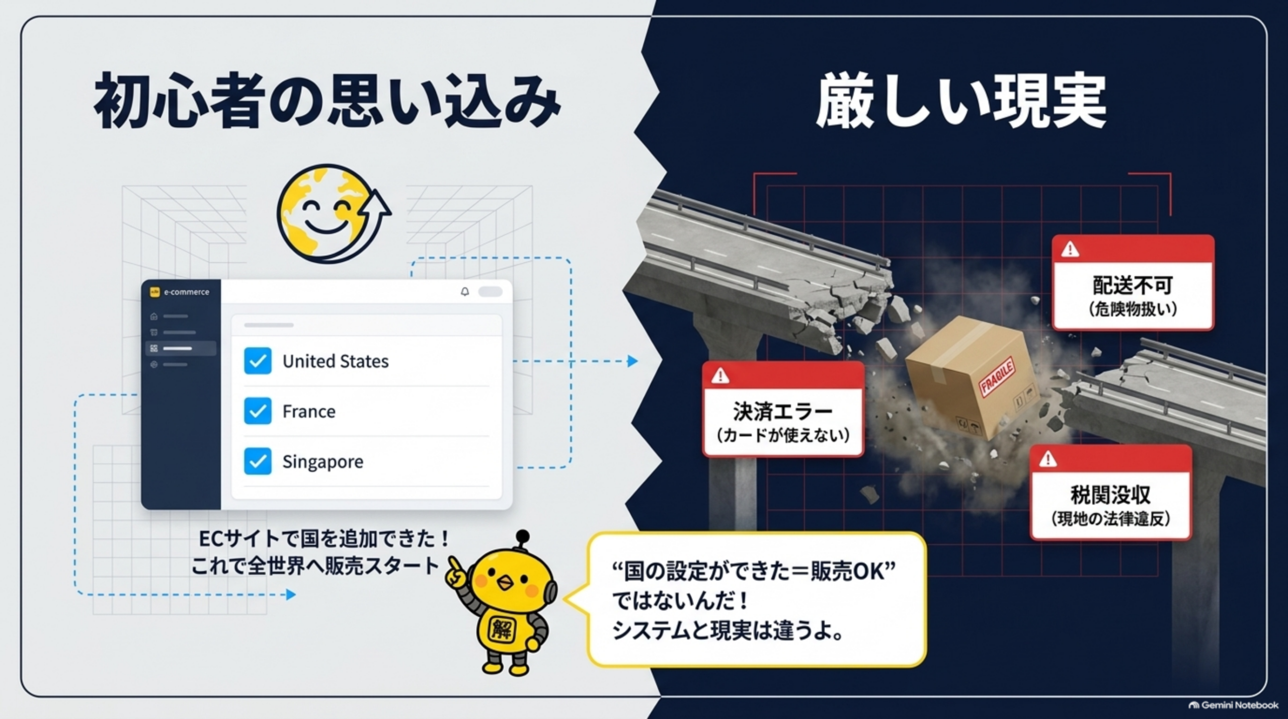 初心者の思い込み：ECサイトで国を追加できた！これで全世界へ販売スタート、という思い込みに対し、厳しい現実として配送不可（危険物扱い）、決済エラー（カードが使えない）、税関没収（現地の法律違反）が箱を粉々に破壊する様子で図解。「“国の設定ができた＝販売OK”ではないんだ！システムと現実は違うよ」とカイピヨくんが解説