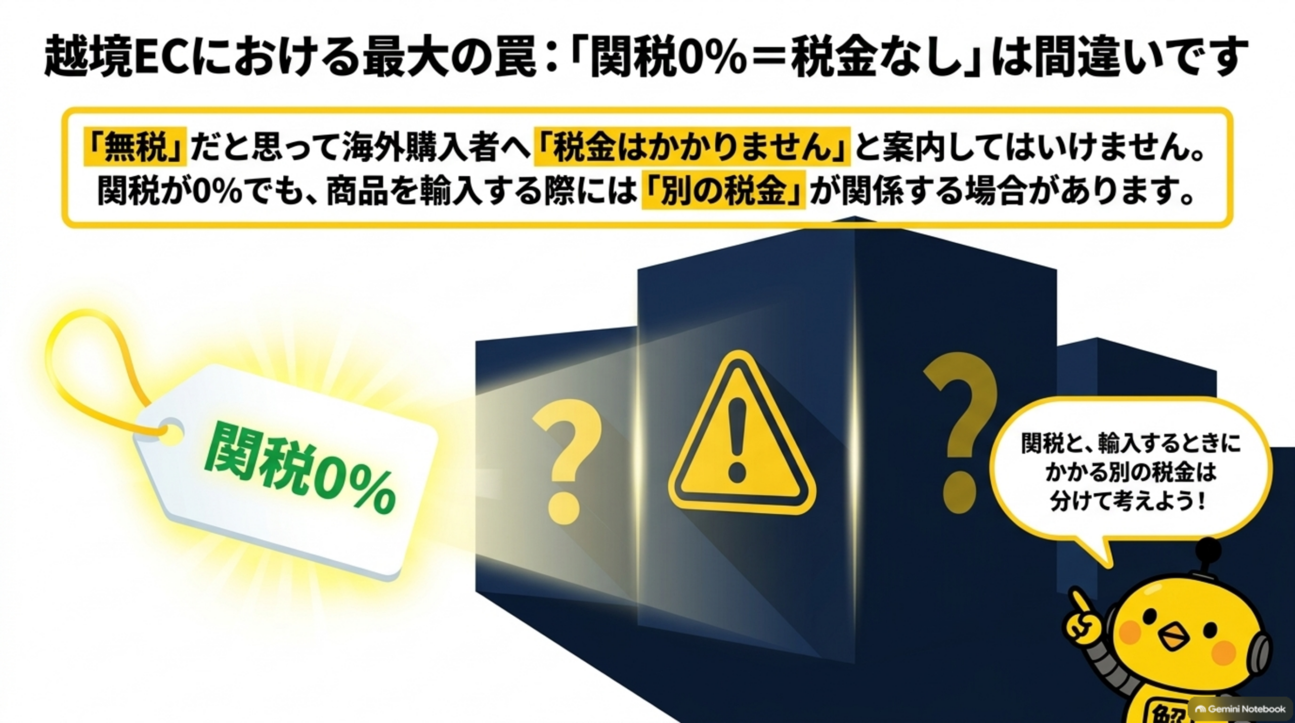 越境ECにおける最大の罠：「関税0％＝税金なし」は間違いです。「無税」だと思って海外購入者へ「税金はかかりません」と案内してはいけません。関税が0％でも、商品を輸入する際には「別の税金」が関係する場合があります。関税と、輸入するときにかかる別の税金は分けて考えよう、とカイピヨくんが解説