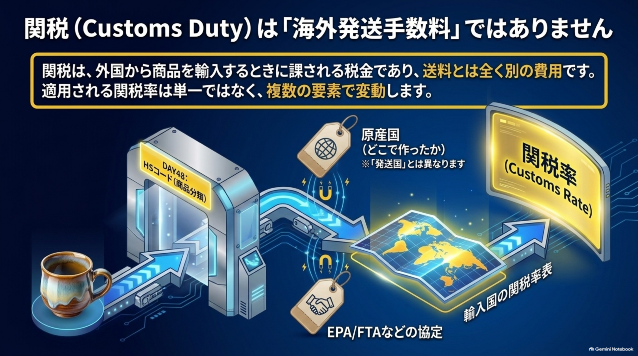 関税（Customs Duty）は「海外発送手数料」ではありません。関税は外国から商品を輸入するときに課される税金であり、送料とは全く別の費用。適用される関税率は単一ではなく、原産国（どこで作ったか、発送国とは異なる）とEPA/FTAなどの協定という複数の要素で変動し、輸入国の関税率表（Customs Rate）に基づいて決まる
