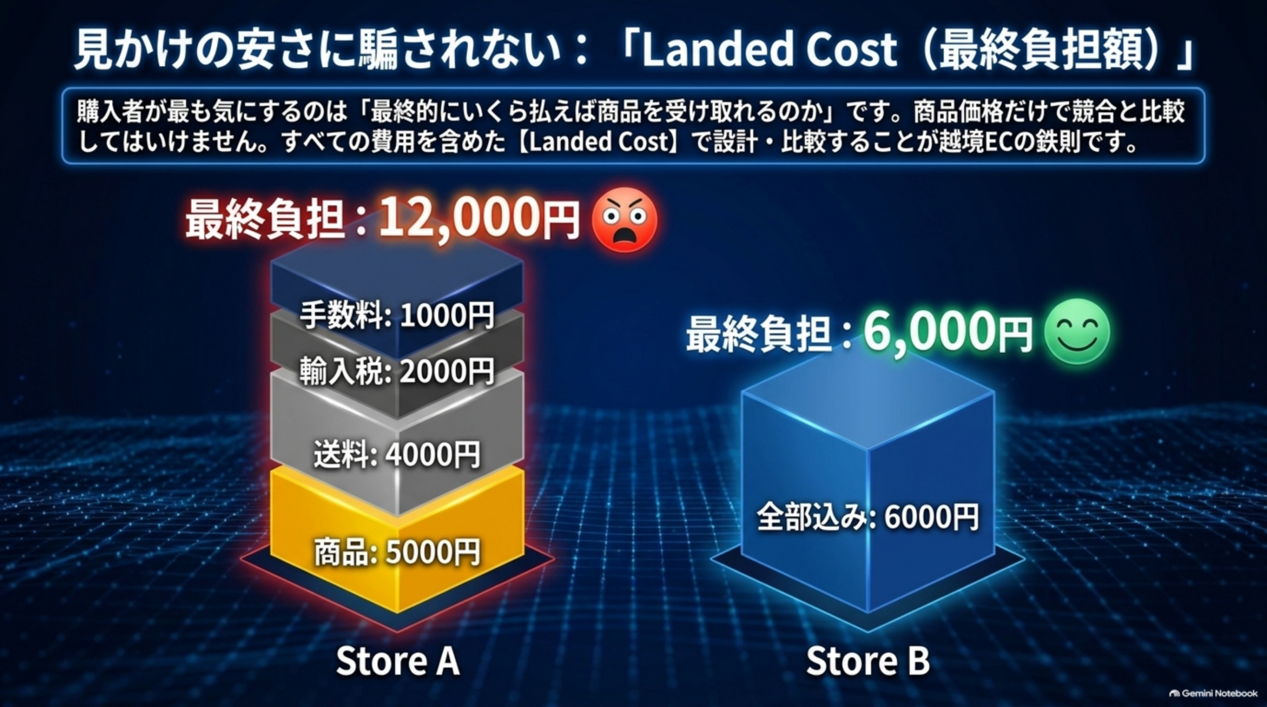 見かけの安さに騙されない：「Landed Cost（最終負担額）」。購入者が最も気にするのは「最終的にいくら払えば商品を受け取れるのか」で、商品価格だけで競合と比較してはいけない。Store Aは商品5,000円+送料4,000円+輸入税2,000円+手数料1,000円で最終負担12,000円。Store Bは全部込み6,000円で最終負担6,000円。すべての費用を含めたLanded Costで設計・比較することが越境ECの鉄則