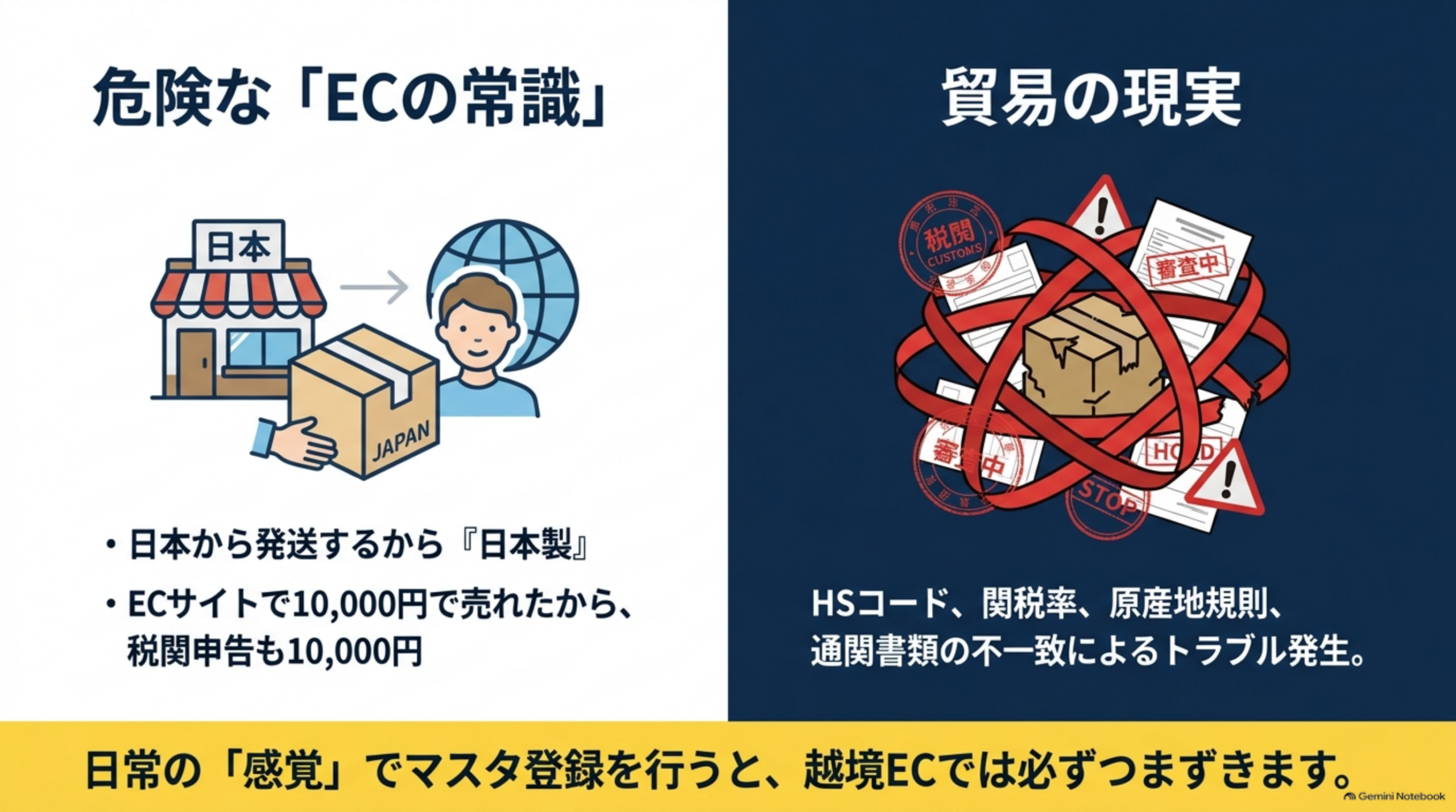 危険な「ECの常識」と貿易の現実。日本から発送するから「日本製」、ECサイトで10,000円で売れたから税関申告も10,000円、というのは危険なEC の常識。貿易の現実はHSコード、関税率、原産地規則、通関書類の不一致によるトラブル発生。日常の「感覚」でマスタ登録を行うと、越境ECでは必ずつまずく
