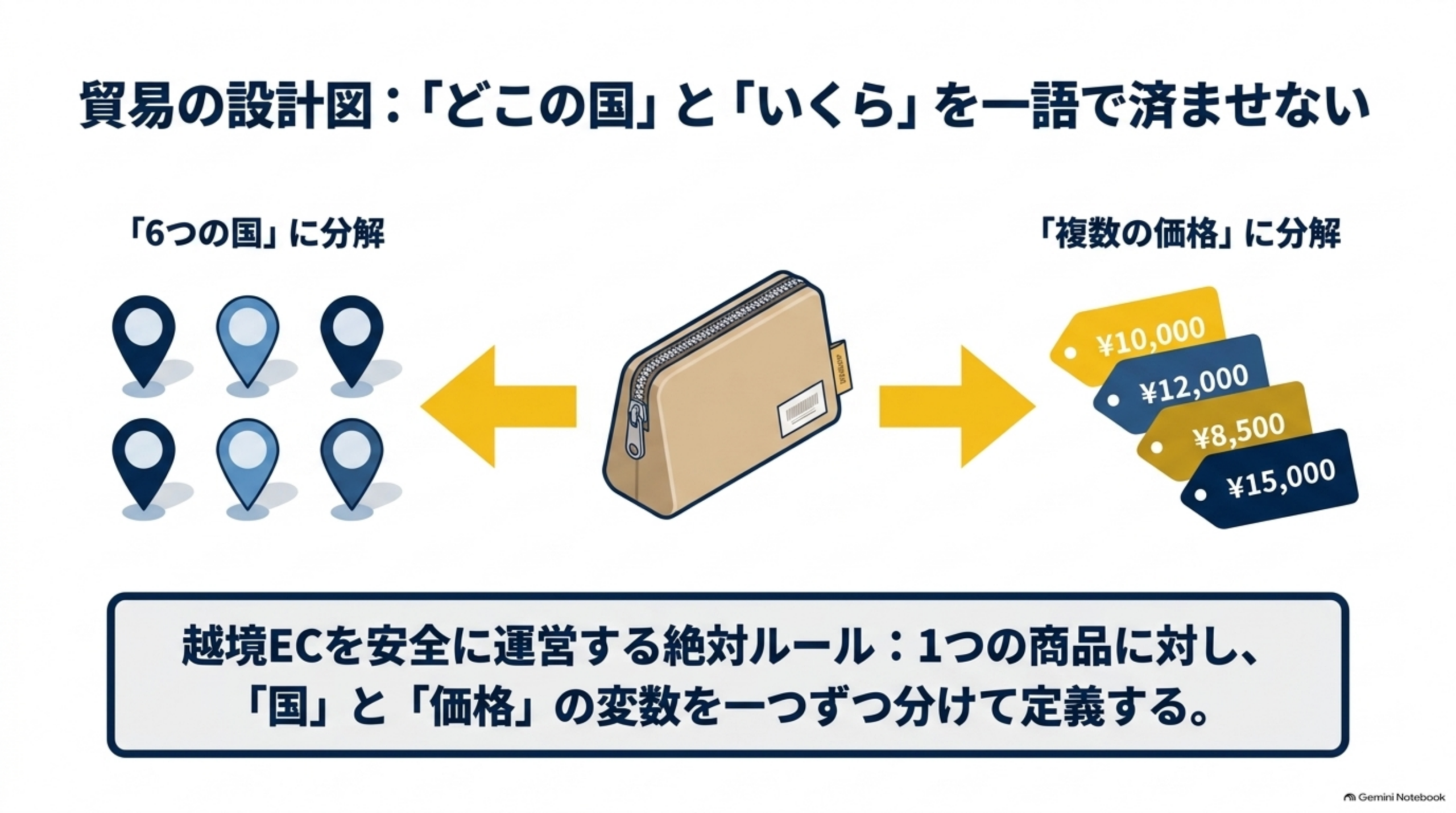 貿易の設計図：「どこの国」と「いくら」を一語で済ませない。1つの商品（ポーチ）から「6つの国」に分解、さらに「複数の価格」（¥10,000／¥12,000／¥8,500／¥15,000）に分解する。越境ECを安全に運営する絶対ルール：1つの商品に対し、「国」と「価格」の変数を一つずつ分けて定義する
