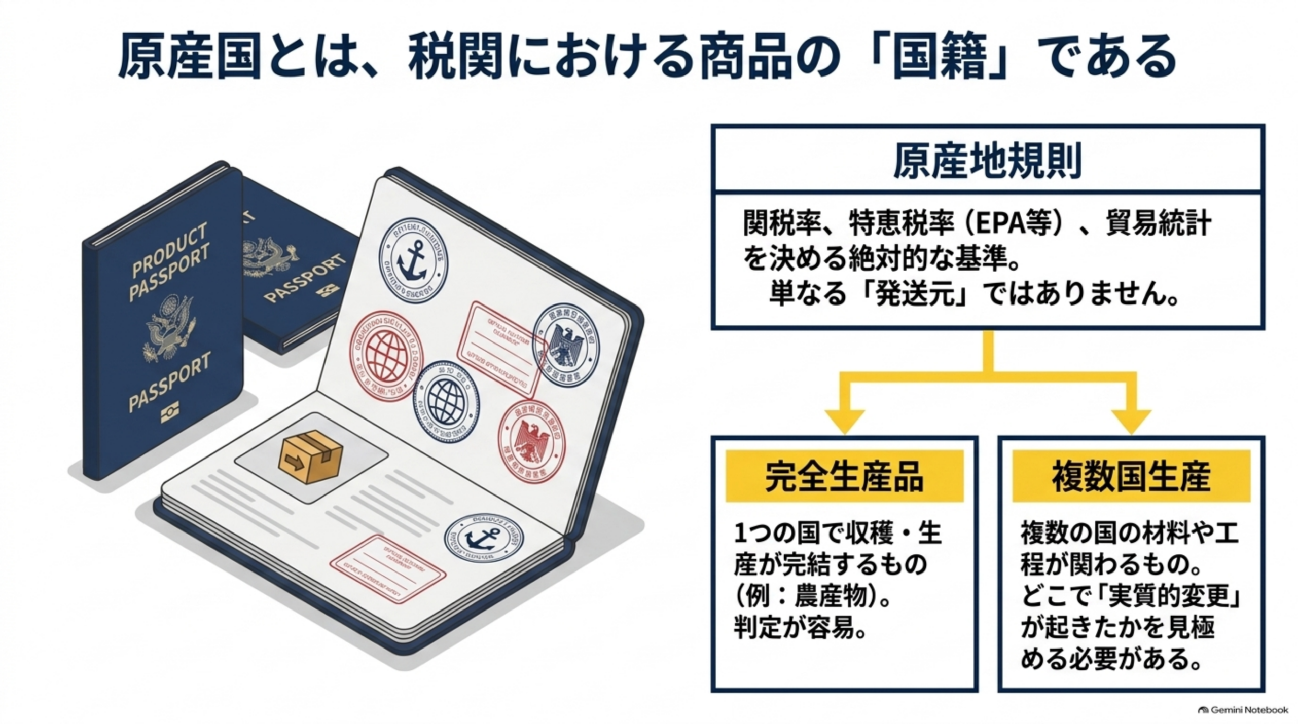 原産国とは、税関における商品の「国籍」である。原産地規則は、関税率、特恵税率（EPA等）、貿易統計を決める絶対的な基準であり、単なる「発送元」ではない。完全生産品は1つの国で収穫・生産が完結するもの（例：農産物）で判定が容易。複数国生産は複数の国の材料や工程が関わるもので、どこで「実質的変更」が起きたかを見極める必要がある