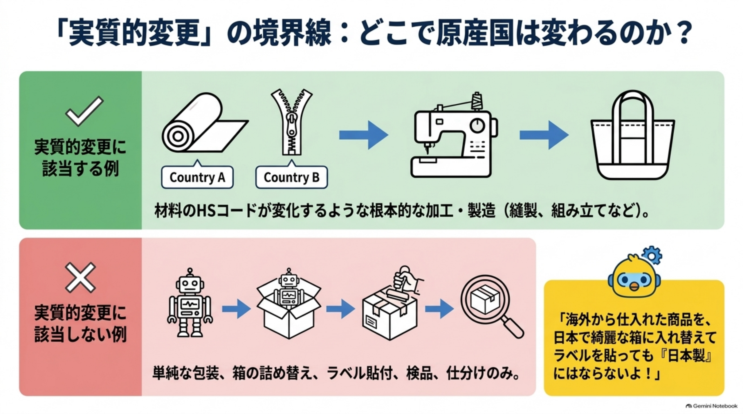 「実質的変更」の境界線：どこで原産国は変わるのか？実質的変更に該当する例は、材料のHSコードが変化するような根本的な加工・製造（Country A/Bの素材とファスナーを縫製・組み立ててトートバッグにする等）。実質的変更に該当しない例は、単純な包装、箱の詰め替え、ラベル貼付、検品、仕分けのみ。海外から仕入れた商品を日本で綺麗な箱に入れ替えてラベルを貼っても「日本製」にはならない