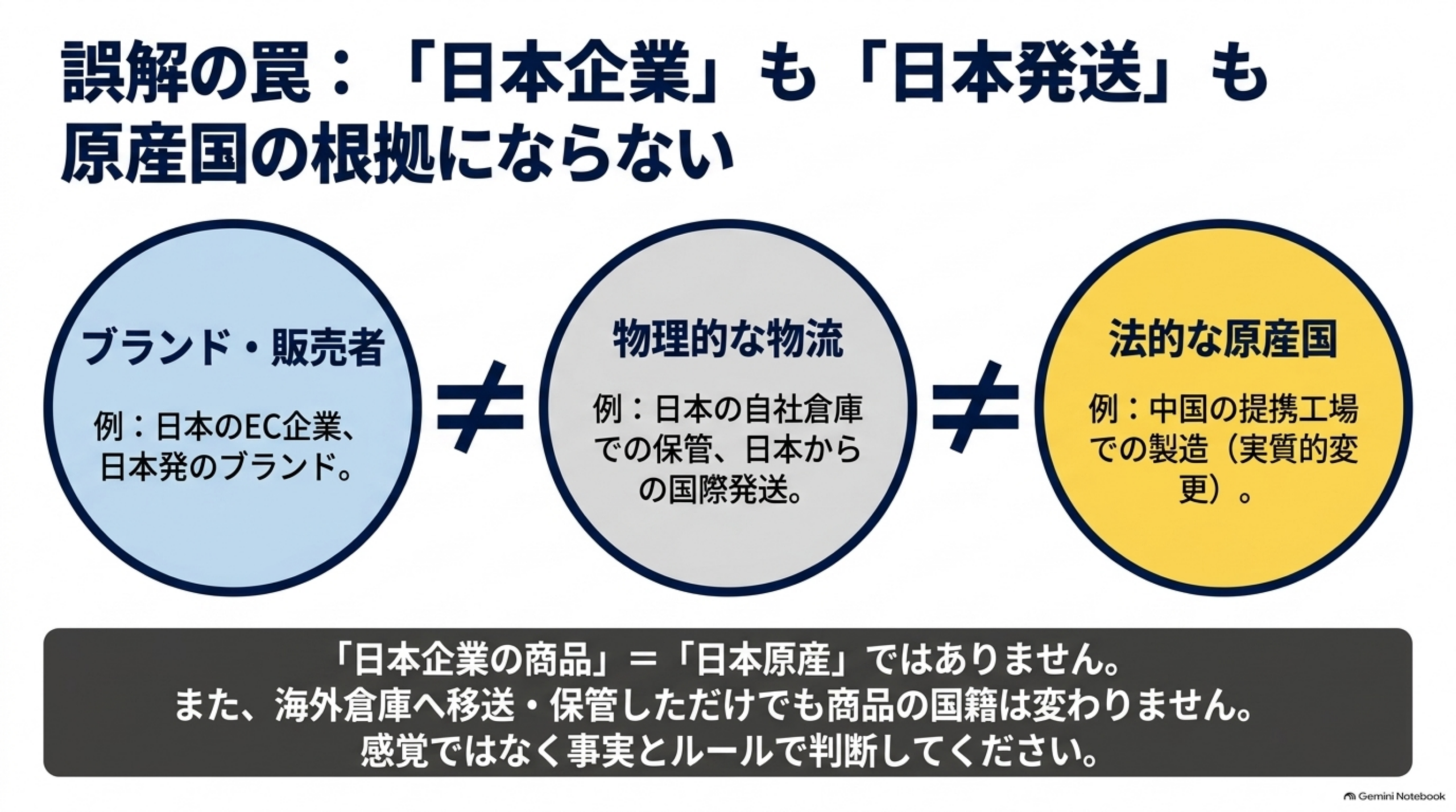 誤解の罠：「日本企業」も「日本発送」も原産国の根拠にならない。ブランド・販売者（例：日本のEC企業、日本発のブランド）≠物理的な物流（例：日本の自社倉庫での保管、日本からの国際発送）≠法的な原産国（例：中国の提携工場での製造＝実質的変更）。「日本企業の商品」＝「日本原産」ではない。また、海外倉庫へ移送・保管しただけでも商品の国籍は変わらない。感覚ではなく事実とルールで判断すること