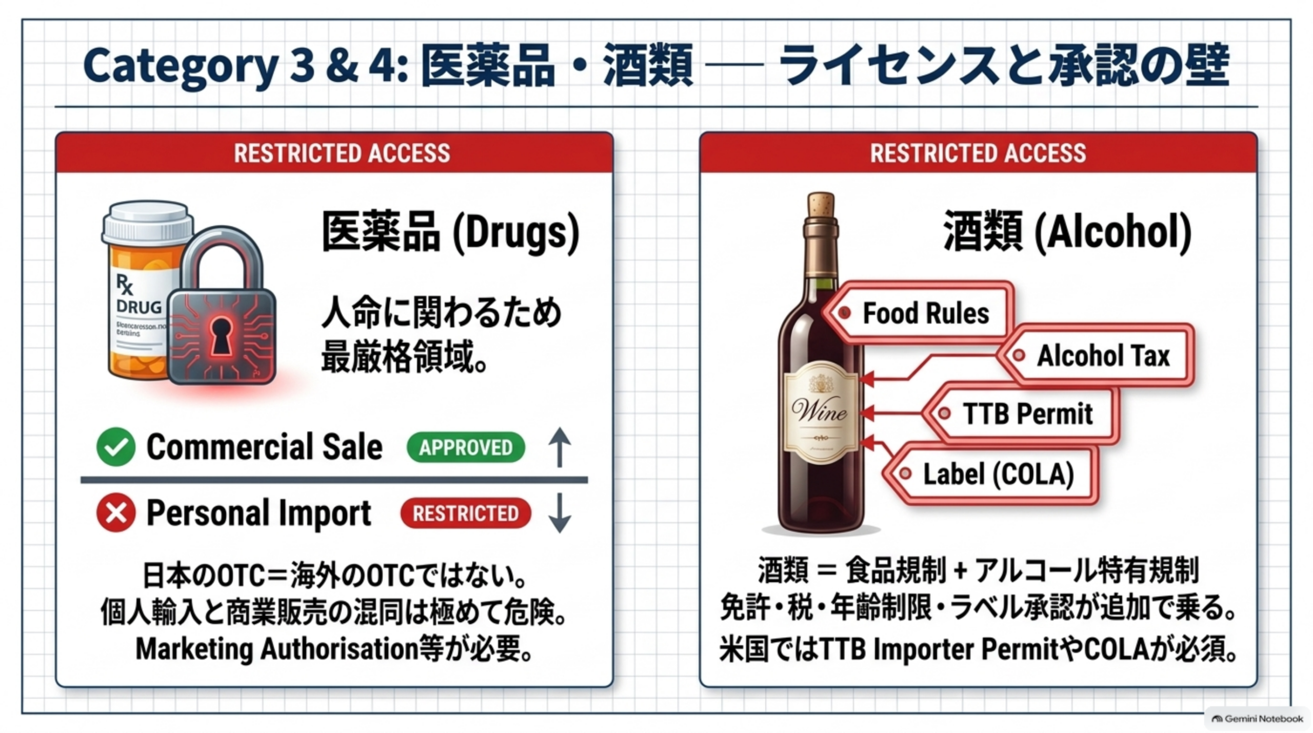 医薬品(Drugs)は人命に関わるため最厳格領域。Commercial SaleはApproved、Personal ImportはRestricted。日本のOTC=海外のOTCではなく個人輸入と商業販売の混同は極めて危険でMarketing Authorisation等が必要。酒類(Alcohol)は食品規制+アルコール特有規制(免許・税・年齢制限・ラベル承認)が追加で乗り、米国ではTTB Importer PermitやCOLAが必須